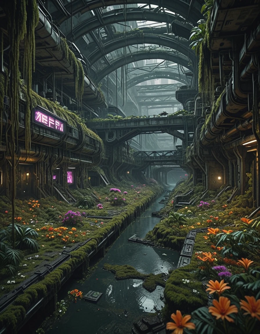 <lora:SWL_Underground1illb:1> swlu1, cyberpunk, underground, futuristic, image15, photo of futuristic underground arcology, cinematic lighting, lush overgrown ruins, canal reflections, moss-covered bridge, neon signs, jungle foliage, abandoned sci-fi structure, colorful flowers, misty atmosphere, vines, glowing typography, mid-angle view, photorealistic, ultra detailed, soft diffused light,