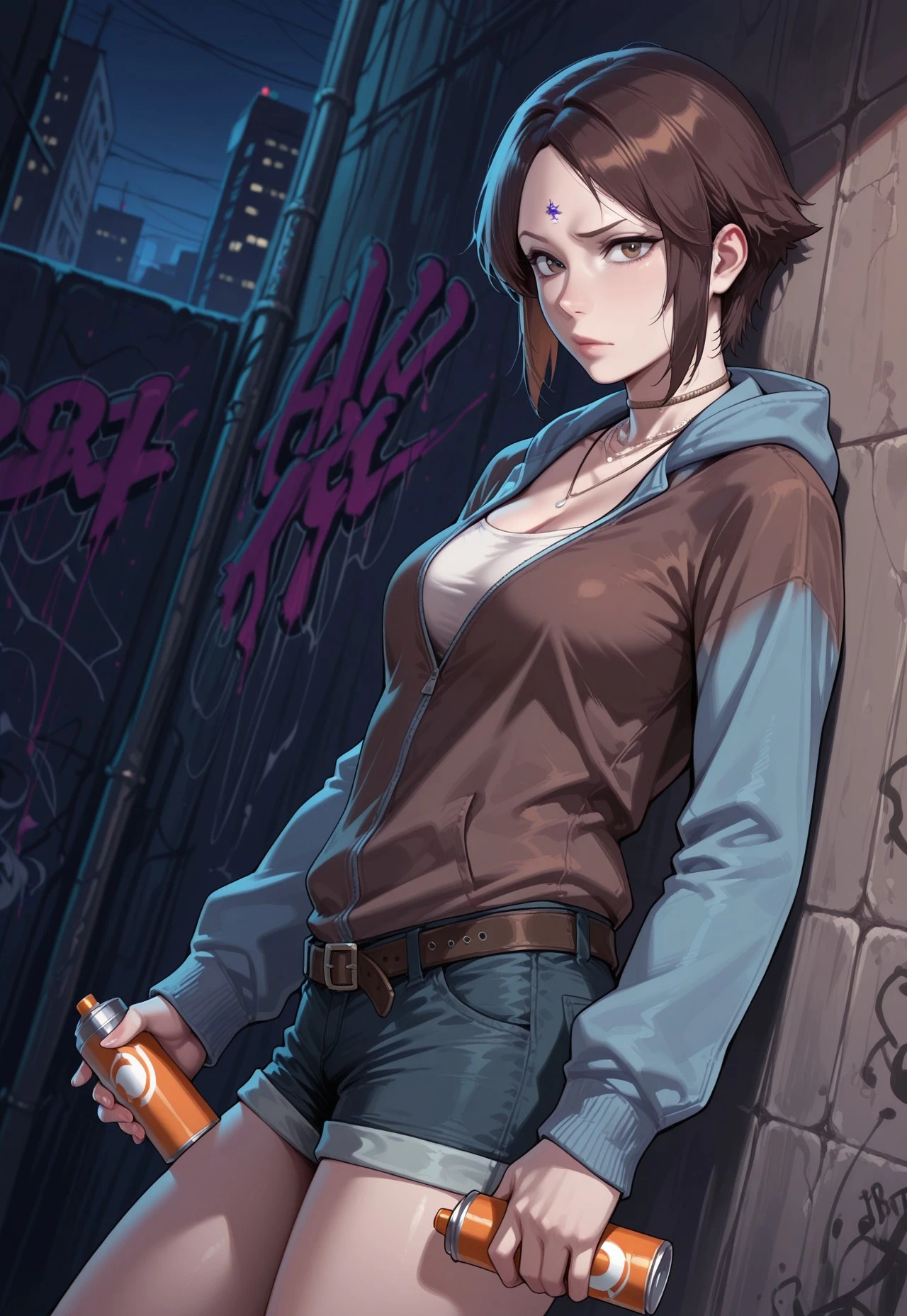 ((masterpiece , best quality)), close-up shot, ((( 1 girl ))), brown hair, cool looking woman, short hair, tomboy, mature woman, expressive eyes, heterochromaia eyes , (perfect female proportions), (very large breasts), long legs, skinny legs, slim hips, off shoulder jacket, tank top, tomboy, milfication, mature female, casual clothes, the loneliest girl, artistic, rainy day, wet, golden hour, rain, sad, Serenity, Anime art , Luminism, Focus on Woman, chaotic, High Creative, Dynamic, informative, High detailing, cinematic light