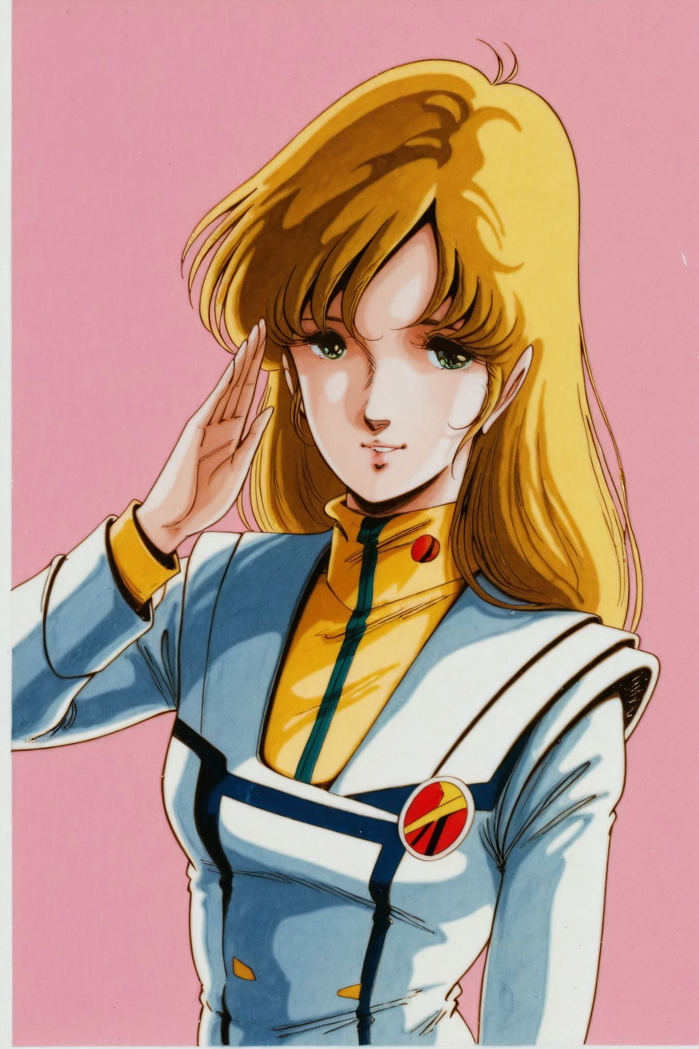 Misa Hayase,1girl,solo,blonde hair,long hair,green eyes,1980s \(style\),cowboy shot,looking at viewer,military uniform,retro artstyle,traditional media,watercolor \(medium\),cience fiction,upper body,salute,macross,
<lora:Haruhiko Mikimoto_illustriousXL_v2:1>,