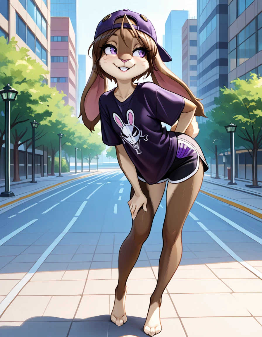 masterpiece, best quality, very aesthetic, absurdres,
outdoors, streetwear,
barefoot, full body, posing,
seductive smile, parted lips, long eyelashes,
<lora:Nicole_Meadowsong_v01_NAIXL:1>
N1c013,1girl,solo,furry,furry female,rabbit girl,brown hair,backwards hat,short hair,rabbit ears,purple eyes,snout,animal nose,whiskers,buck teeth,body fur,two tone fur,brown fur,grey fur,rabbit tail,