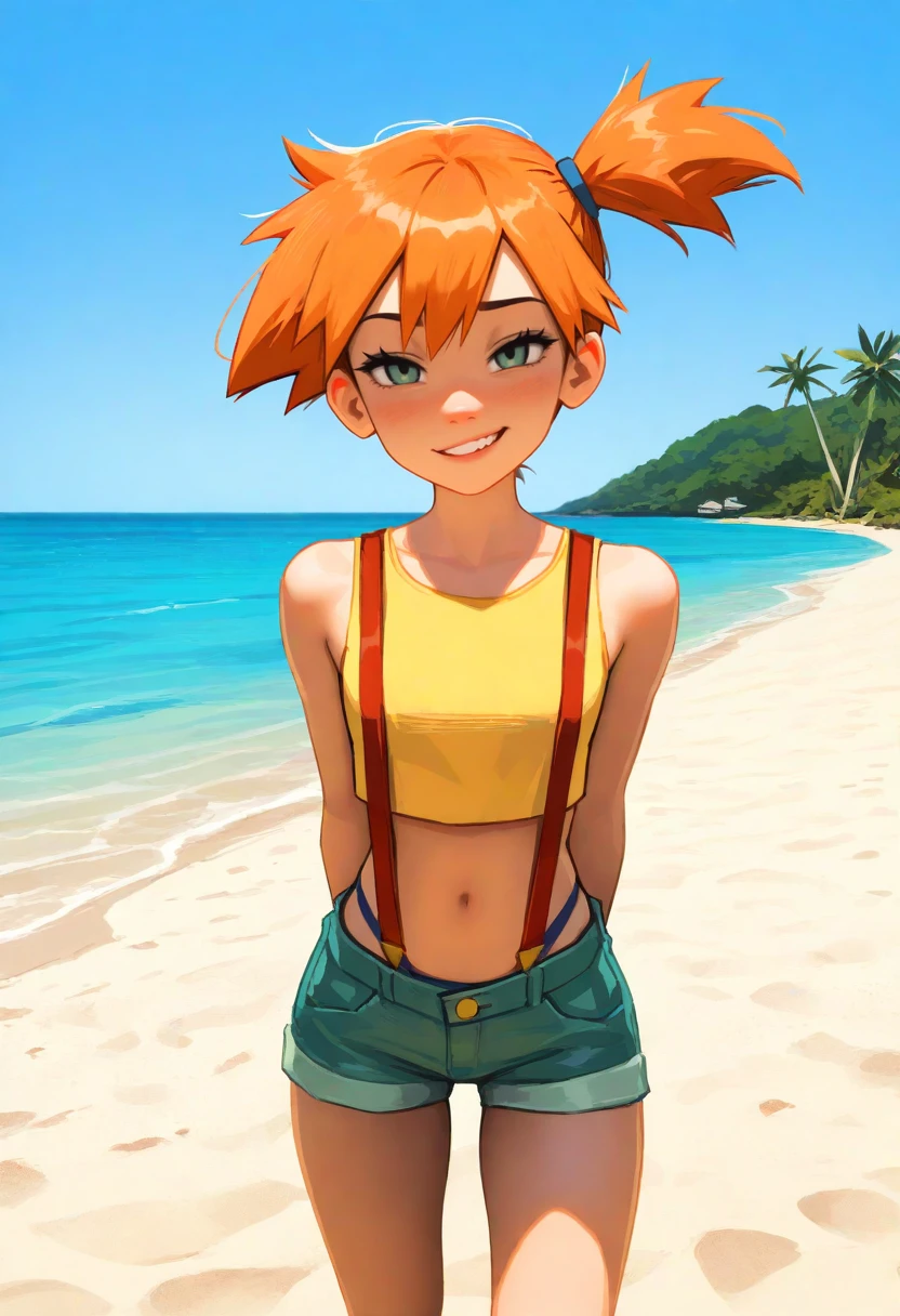 best quality, amazing quality, very aesthetic, absurdres,
1girl, misty \(pokemon\), orange hair, side ponytail, yellow crop top, short shorts, thong, suspenders, looking at viewer, smirk, standing BREAK
sand, sea, blue sky, tropical island background, <lora:SamdoesartsNoob_byKonan:1>