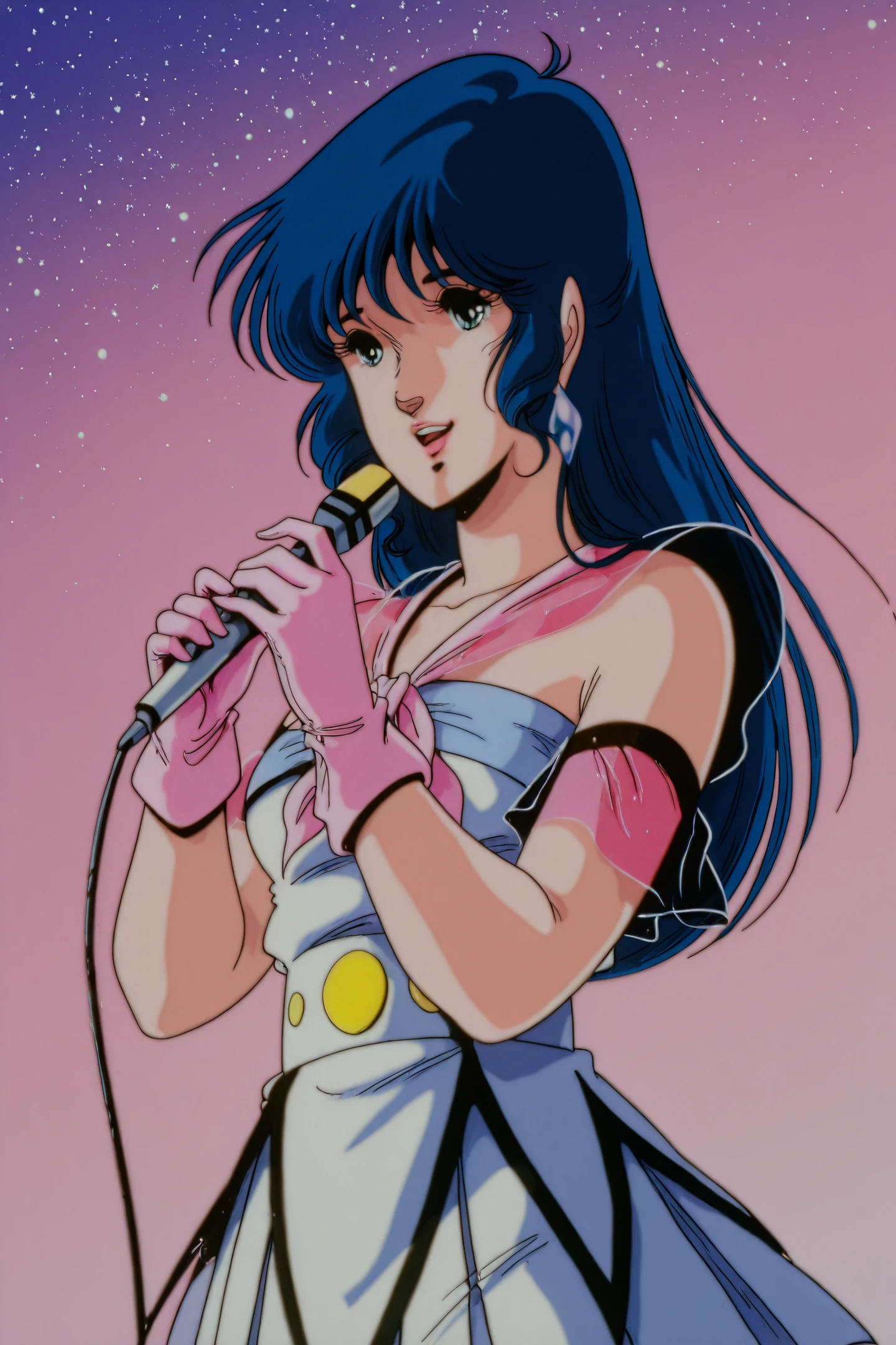 Anime Style, Lynn Minmay, 1girl, 1980s \(style\), microphone, space, long hair, pink gloves, blue hair, solo, retro artstyle, gloves, jewelry, dress, earrings, blue eyes, singing, music, holding microphone, holding, star \(sky\), Lynn Minmay dress -2
<lora:Haruhiko Mikimoto_illustriousXL_v2:1>,