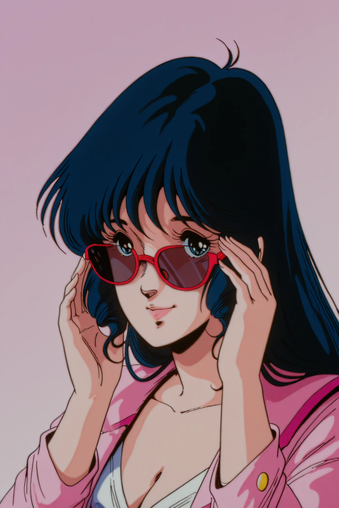 Anime Style,Lynn Minmay,1girl,retro artstyle,solo,1980s \(style\),round eyewear,long hair,glasses,black hair,blue eyes,sunglasses,portrait,looking at viewer,smile,cleavage,breasts,white shirt,medium breasts,pink jacket,adjusting eyewear,
<lora:Haruhiko Mikimoto_illustriousXL_v2:1>,