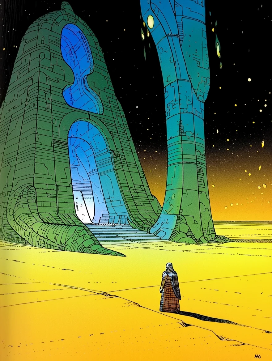 In style of Moebius. A lone traveler in a vast desert stumbles upon an ancient, alien temple glowing with ethereal light.