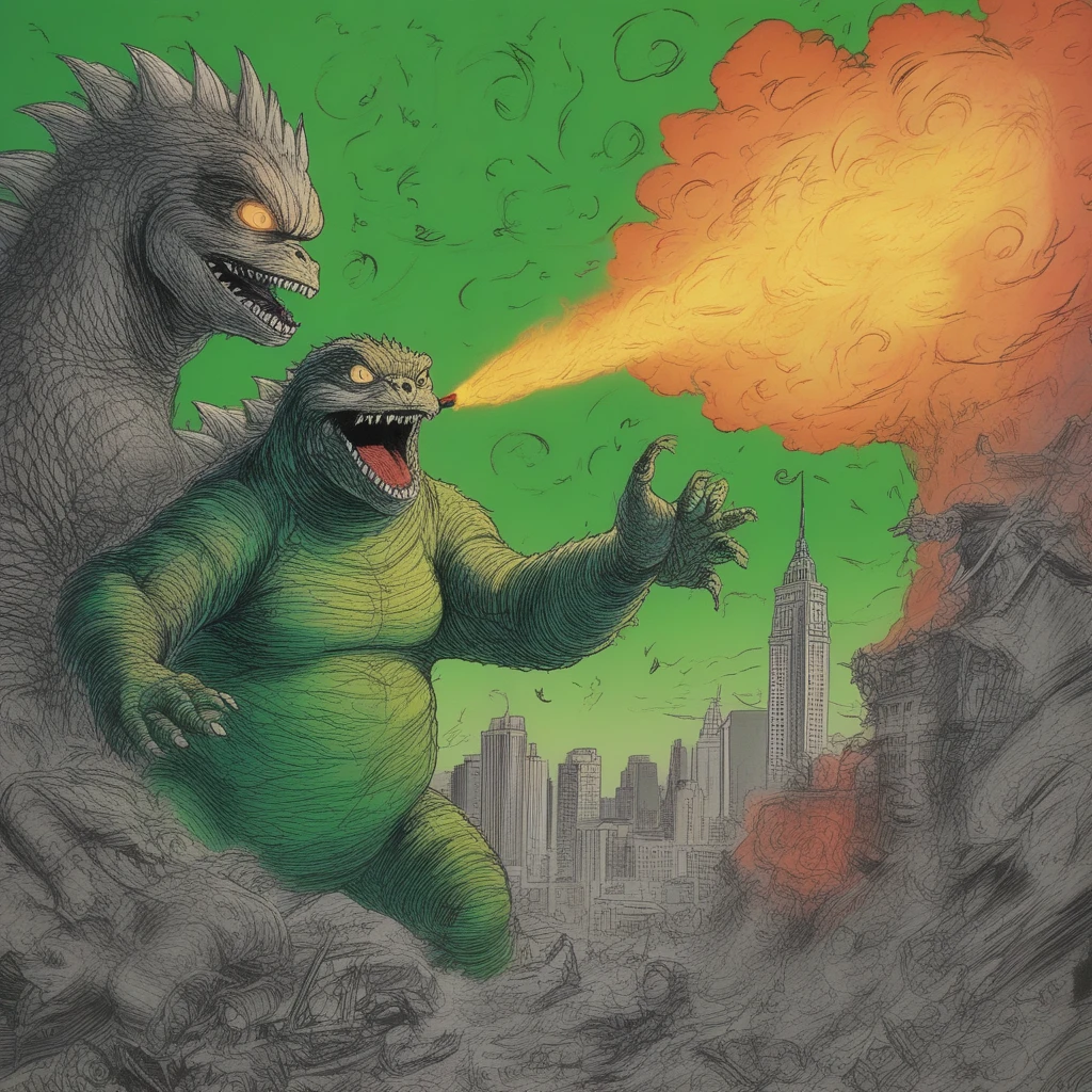 Amidst the chaotic backdrop of a metropolitan skyline engulfed in flames and debris, Godzilla, the towering King of Monsters, clashes with an otherworldly foe a colossal hippie sloth with his fanny pack that has his smoking pipe sticking out the side and a glowing rainbow ray firing from his mouth at Godzilla's foot . Their titanic battle rips through buildings, shatters concrete, and sends columns of steam and fire into the stormy night. The two colossal beasts are illuminated by bolts of lightning and their own elemental breaths - one a vivid green depiction of Godzilla who looks shocked that the hippie sloth has shot him in the foot. Capture this surreal scene from an overhead perspective with camera lens EE 70mm for a grand cinematic view. Illuminate the image using studio lighting in combination with a nostalgic filter to enhance drama. Render in high resolution with detailed textures, bringing out the ferocity and energy of this cataclysmic encounter between Godzilla and his otherworldly adversary.