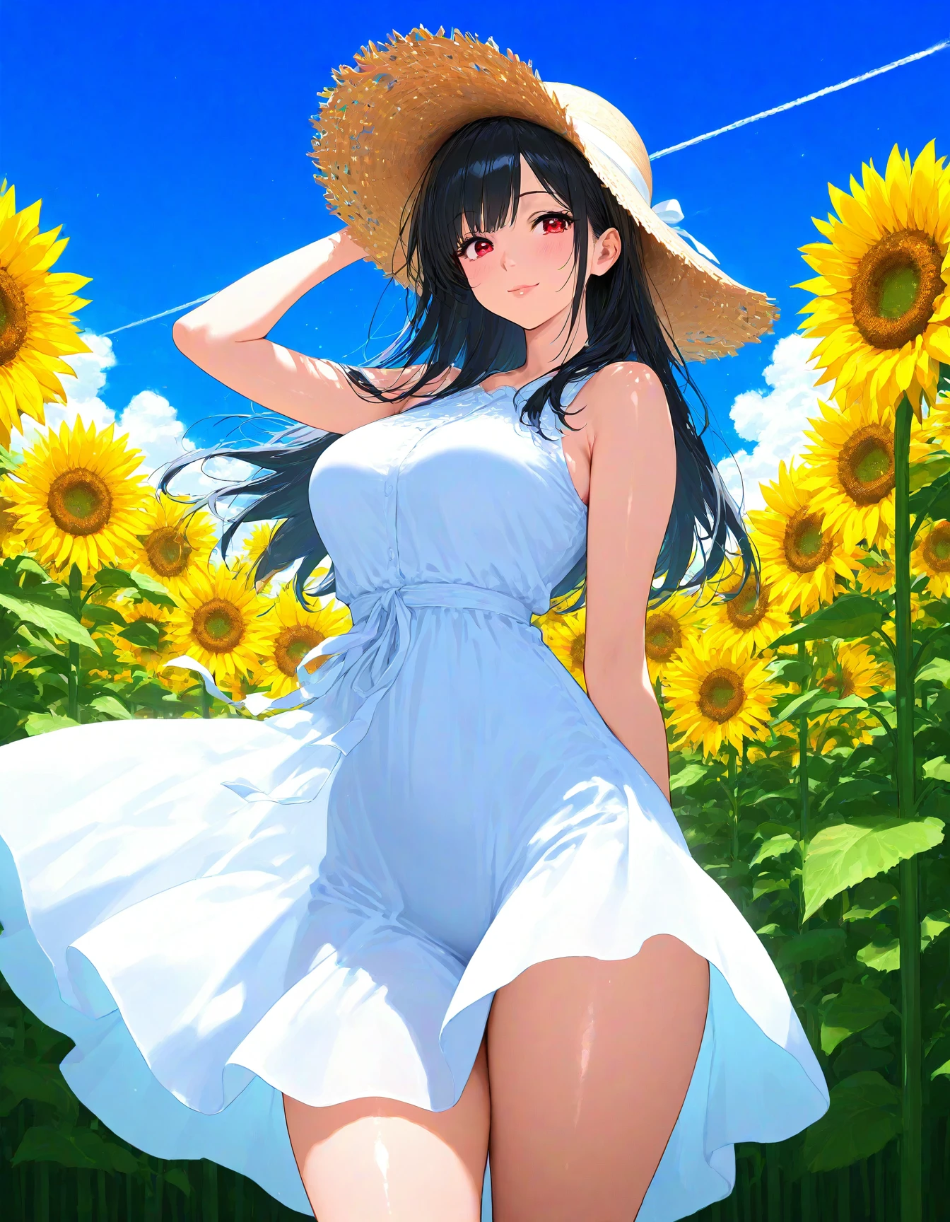 1girl, solo, general, smile, sunflower, flower field, day, blue sky, contrail, summer, long hair, black hair, red eyes, lips, medium breasts, thick thighs, straw hat, white dress, sleeveless, masterpiece, highres, absurdres, detailed background, detailed face, beautiful face, detailed eyes, beautiful eyes, shiny hair, newest, best quality, good quality, amazing quality, great quality, very aesthetic