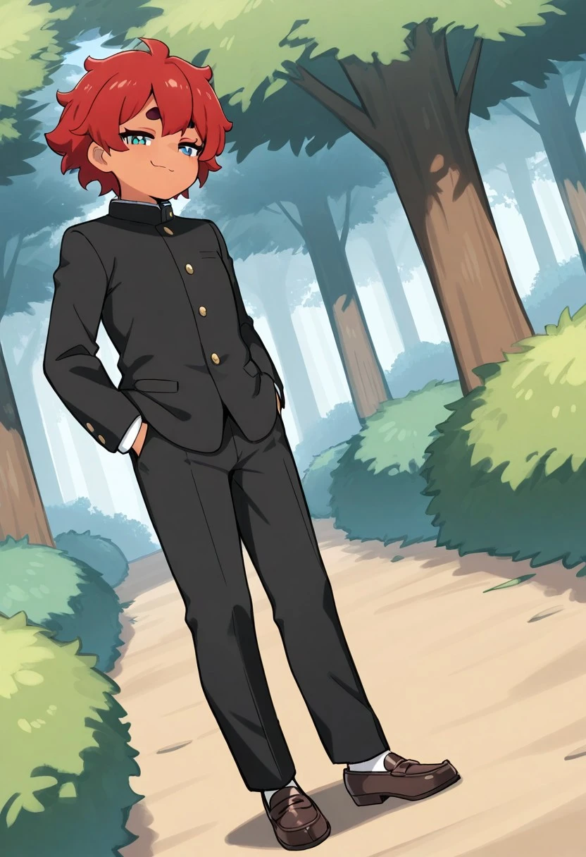 masterpiece, best quality, absurdres, 1girl, solo, female focus, msgwfmes, dark-skinned female, red hair, short hair, thick eyebrows, mismatched eyebrows, short eyebrows, gakuran, black pants, black jacket, white shirt, hands in pockets, smug, looking at viewer, outdoors, tree, full body, standing, dress shoes,