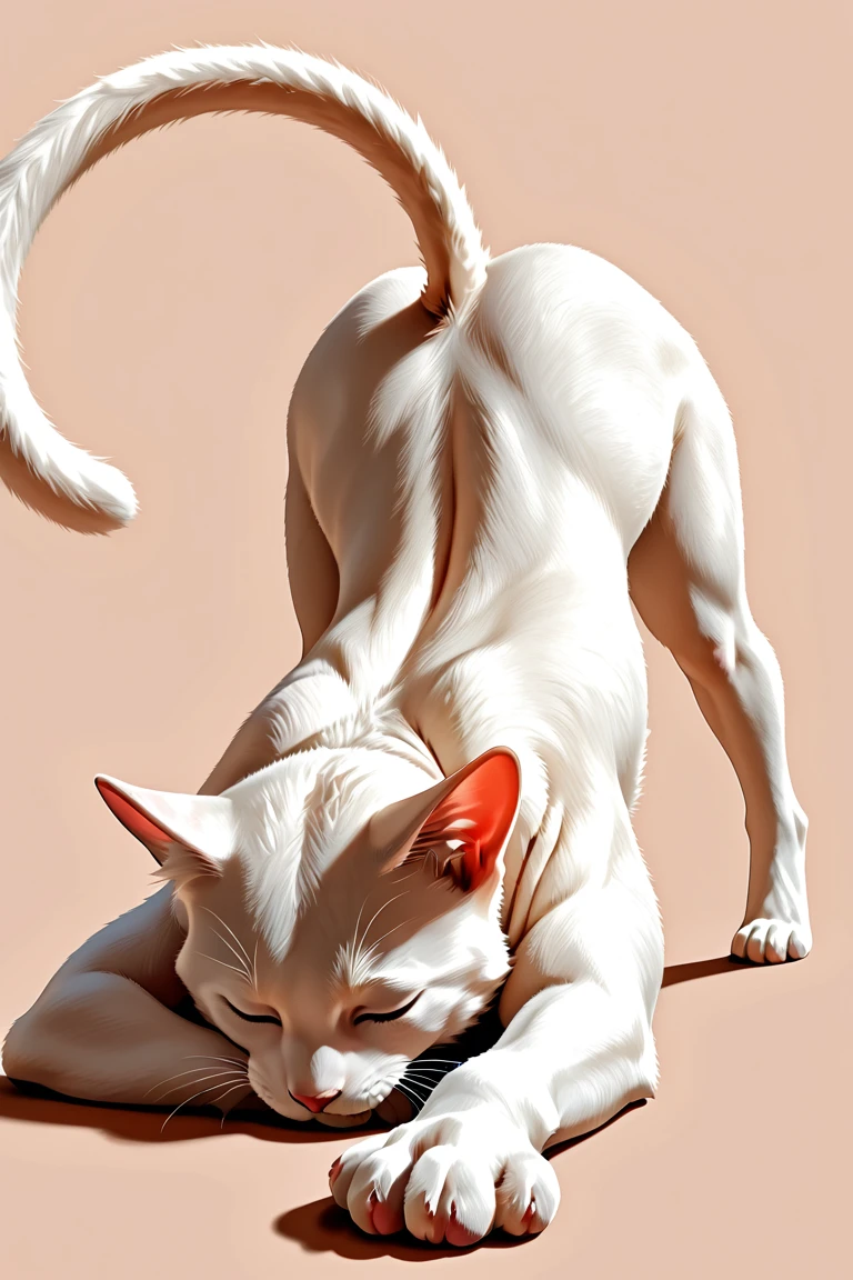 vibrant-semirealistic official style focus, male animal focus, white cat, paw, stretching, face down, ass up, tail, full body, simple background, cute, bloom, dynamic angle, dynamic action, dutch angle, masterpiece, best quality, amazing quality, very aesthetic, absurdres, newest, very awa