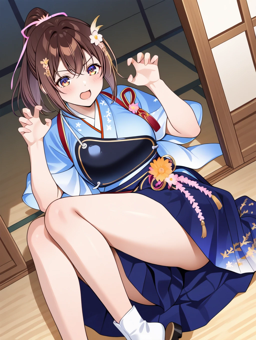 Gao Jiejie,Highest quality,Detailed Background,night,Outdoor,Red eyes,smile,Long twin tails,Brown Hair,Eyebrows visible through hair,Flat Chest,Blue yukata,Cleavage,Nipples,upper body,1boy,vaginale,Sex,cum in pussy,Woman on top,Men are down,penis in pussy,No text
