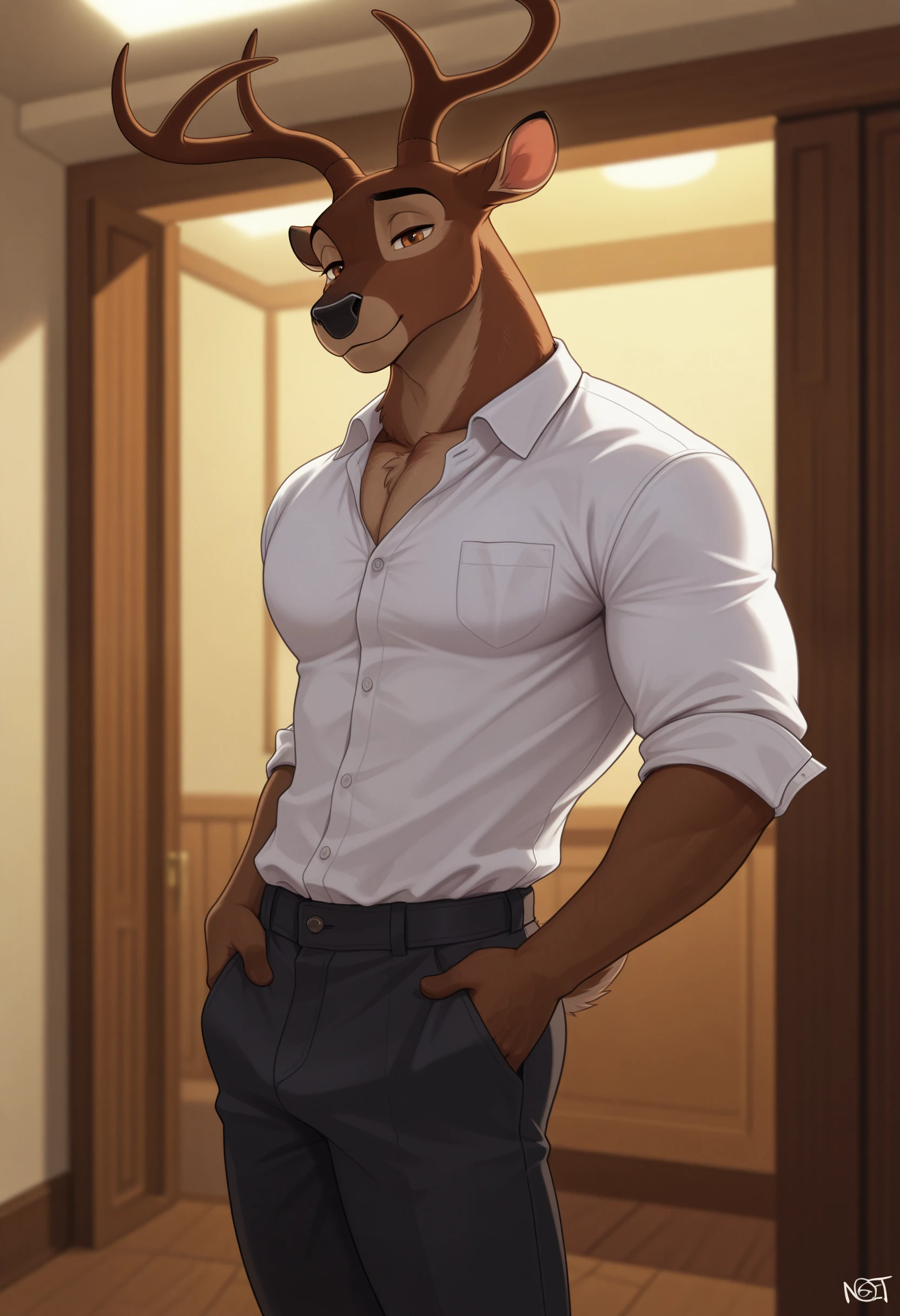 ((solo)), male, anthro (brown bear), ((white shirt, no pamts, open shirt, exposed torso)), ((standing, modern bedroom, detailed background)), ((muscular, beefy:1.4)), by personalami, by ruardri, by thebigslick, by kenket, big nipples, (epic, masterpiece, high quality, correct anatomy:1.2), (posing), (belly), (smile), ((mature male)) (dripping penis, balls:1.1)