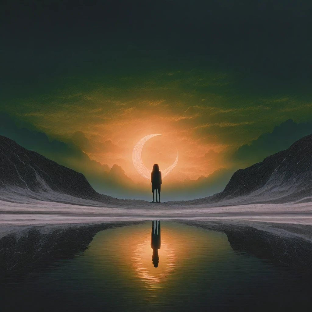 Modern Dreamcore Dark Fantasy, The image is a digital art piece that appears to be a landscape photograph of a crescent moon. The moon is in the center of the image with a silhouette of a person standing on a beach in front of it. The person is facing away from the camera with their back towards the viewer. The moon is a large curved shape that curves upwards towards the sky. It is surrounded by a vast expanse of water with mountains on either side. The sky is filled with dark clouds and the sun is setting in the background casting a warm glow over the scene. The water is calm and reflects the colors of the sky and the moon creating a peaceful and serene atmosphere. The overall mood of the photograph is one of awe and wonder at the beauty of the moon and the vastness of the landscape., scenery, cloud, sky, moon, outdoors, 1other, cloudy sky, ambiguous gender, solo, reflection