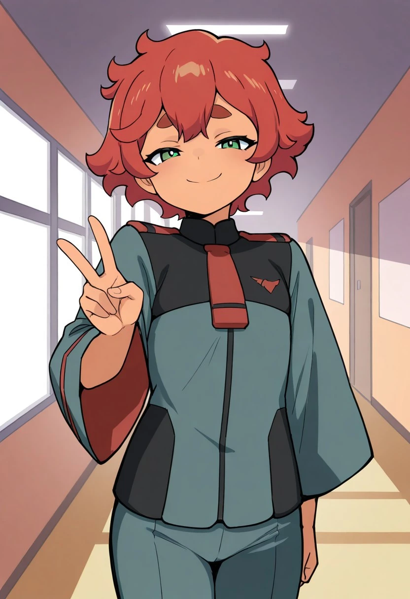 masterpiece, best quality, absurdres, 1girl, female focus, solo, msgwfmes, dark-skinned female, red hair, short hair, thick eyebrows, mismatched eyebrows, asticassia school uniform, smug, standing, hallway, looking at viewer, window, V, indoors