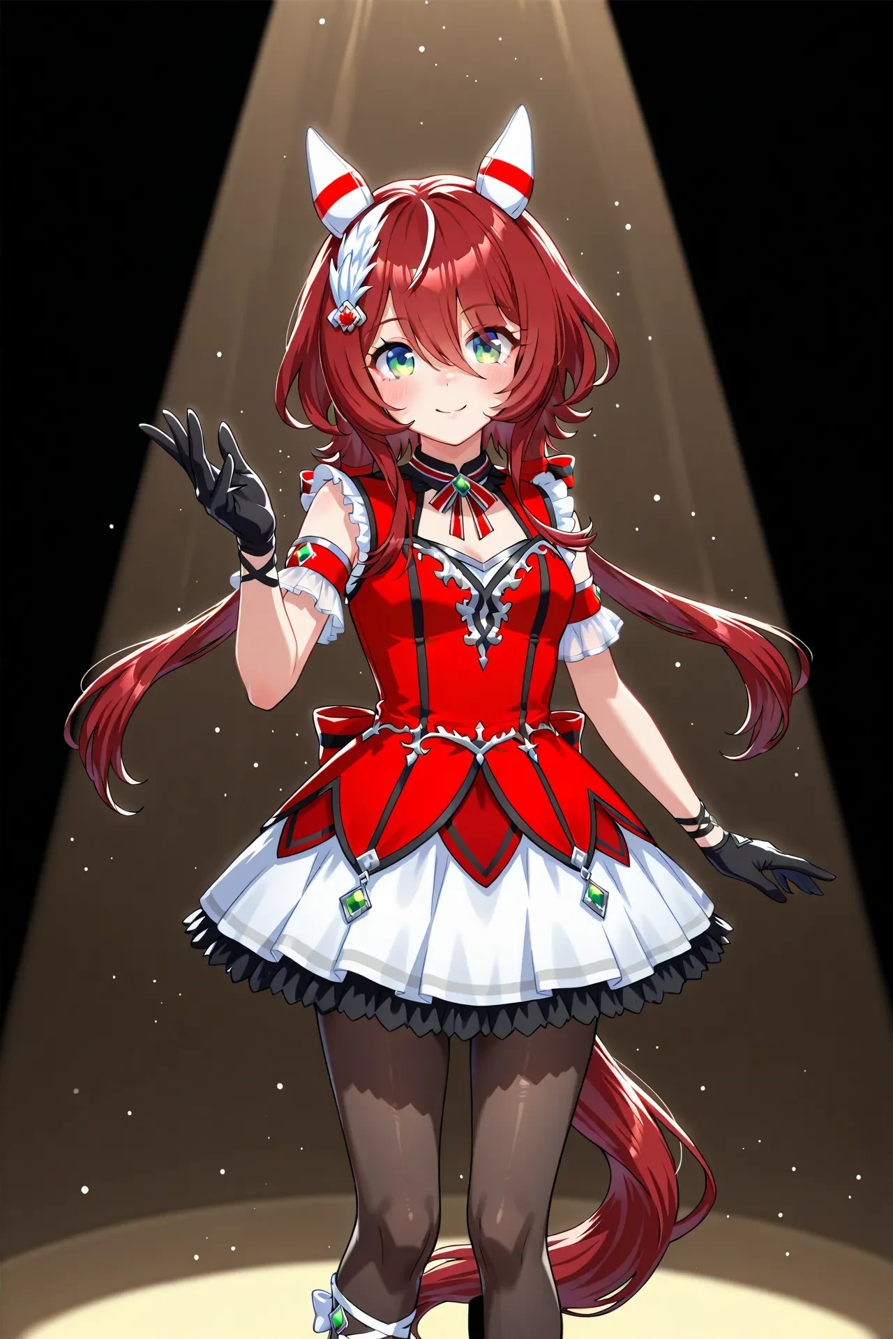 win variation \(umamusume\),
horse ears,horse girl,green eyes,long hair,hair between eyes,streaked hair,multicolored hair,white hair,horse tail,red hair,hair ornament,feather hair ornament,ear covers,
sleeveless dress,white footwear,black gloves,black pantyhose,mismatched footwear,white skirt,ear ornament,black footwear,red dress,asymmetrical footwear,bow,<lora:win_variation:0.8>,
(cowboy shot:1.3),looking at viewer,spotlight,smile,pose,