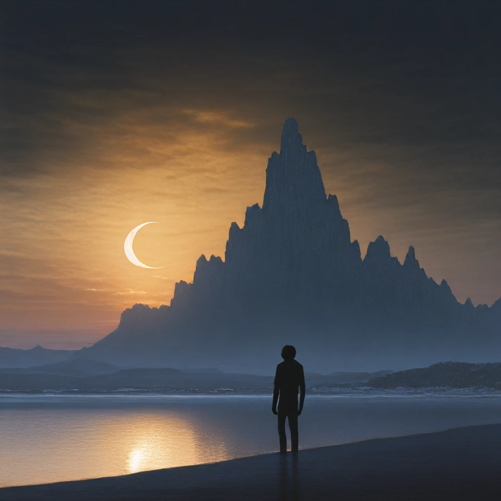 <lora:Modern_Dreamcore_Dark_FantasyIllustrious:1> Modern Dreamcore Dark Fantasy, The image is a digital art piece that appears to be a landscape photograph of a crescent moon. The moon is in the center of the image with a silhouette of a person standing on a beach in front of it. The person is facing away from the camera with their back towards the viewer. The moon is a large curved shape that curves upwards towards the sky. It is surrounded by a vast expanse of water with mountains on either side. The sky is filled with dark clouds and the sun is setting in the background casting a warm glow over the scene. The water is calm and reflects the colors of the sky and the moon creating a peaceful and serene atmosphere. The overall mood of the photograph is one of awe and wonder at the beauty of the moon and the vastness of the landscape., scenery, cloud, sky, moon, outdoors, 1other, cloudy sky, ambiguous gender, solo, reflection