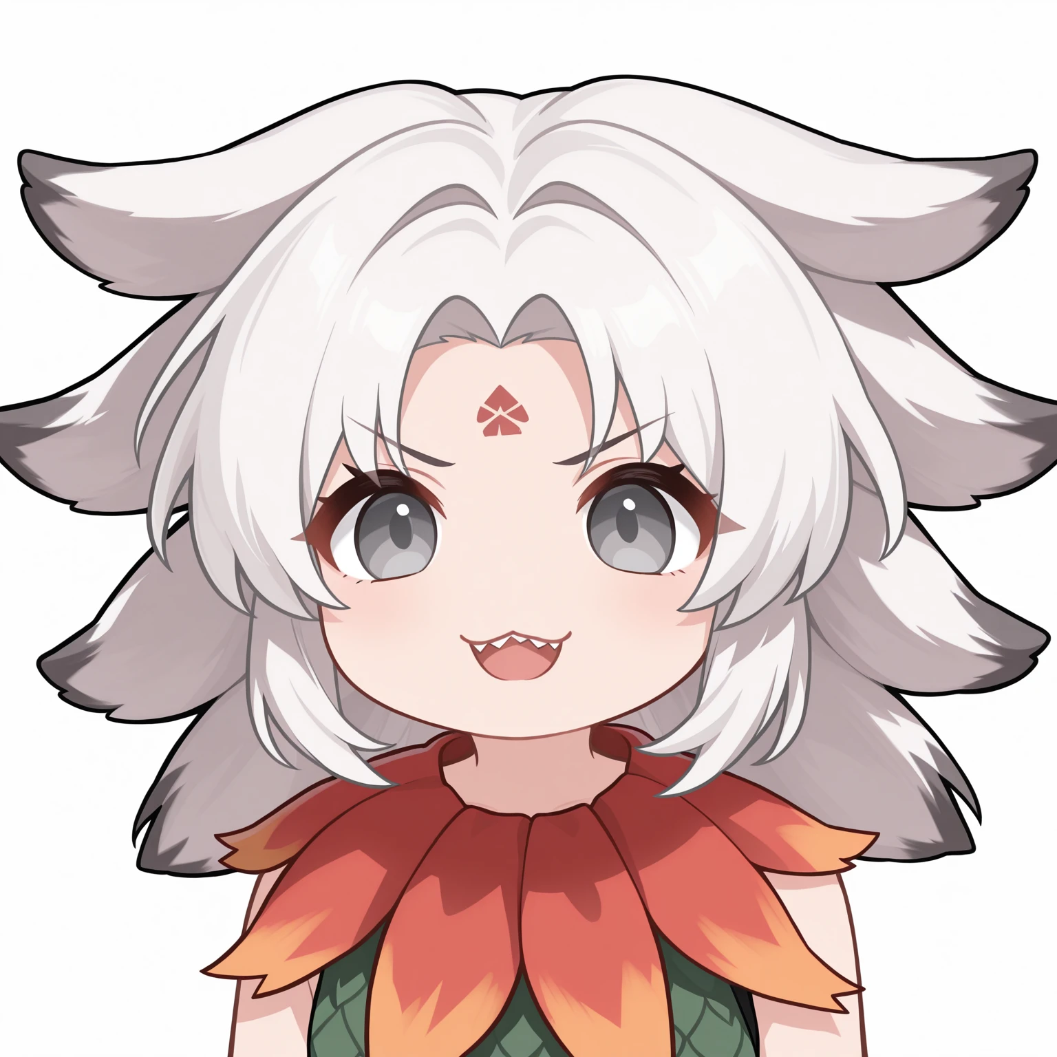 masterpiece,best quality,newest,absurdres,highres,1girl,no nose,solo,mutsuki face \(blue archive\),portrait,chibi,<lora:mutsukifacebaillusxl:0.8>,
white background,simple background,v-shaped eyebrows,angry,((:3,open mouth, sharp teeth)),
BREAK <lora:Houjuu_Chimi_illuV01_b3g2plw1c1wd05_d32a16_lr1800y960_rvs:1>,
Houjuu_Chimi_TH20,white hair,short hair,floppy ears,extra ears,parted bangs,two-tone hair,ears down,grey eyes,forehead mark,red gradient fur collar,green leaf shirt,sleeveless shirt,