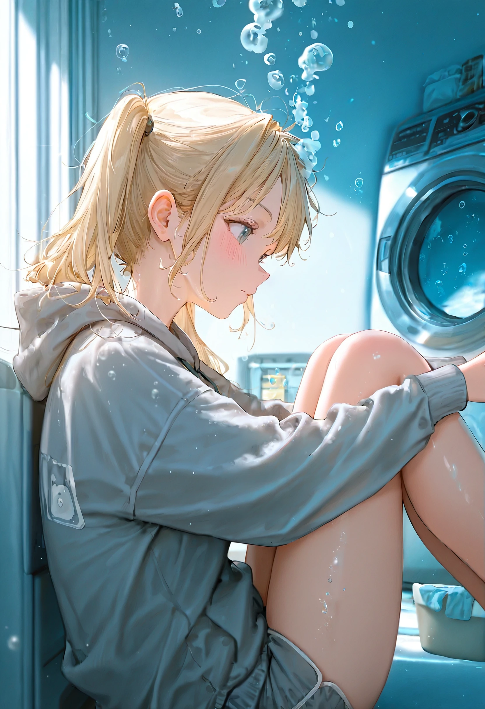 <lora:bmF0c3Vfbm9raW1p-illustriousXL_v01_V2-CAME>, bmF0c, washing machine, 1girl, bubble, solo, blonde hair, hoodie, laundry, twintails, hood, grey hoodie, sitting, air bubble, clothes, shorts, blush, closed mouth, long sleeves, long hair, from side, knees up, underwater