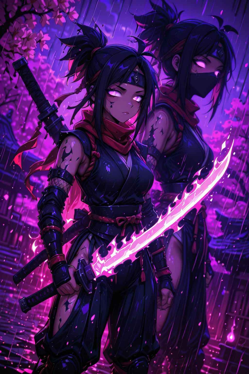 1girl, ninja, holding sword, purple flame sword, glitch clone, cherry blossoms, temple, rain