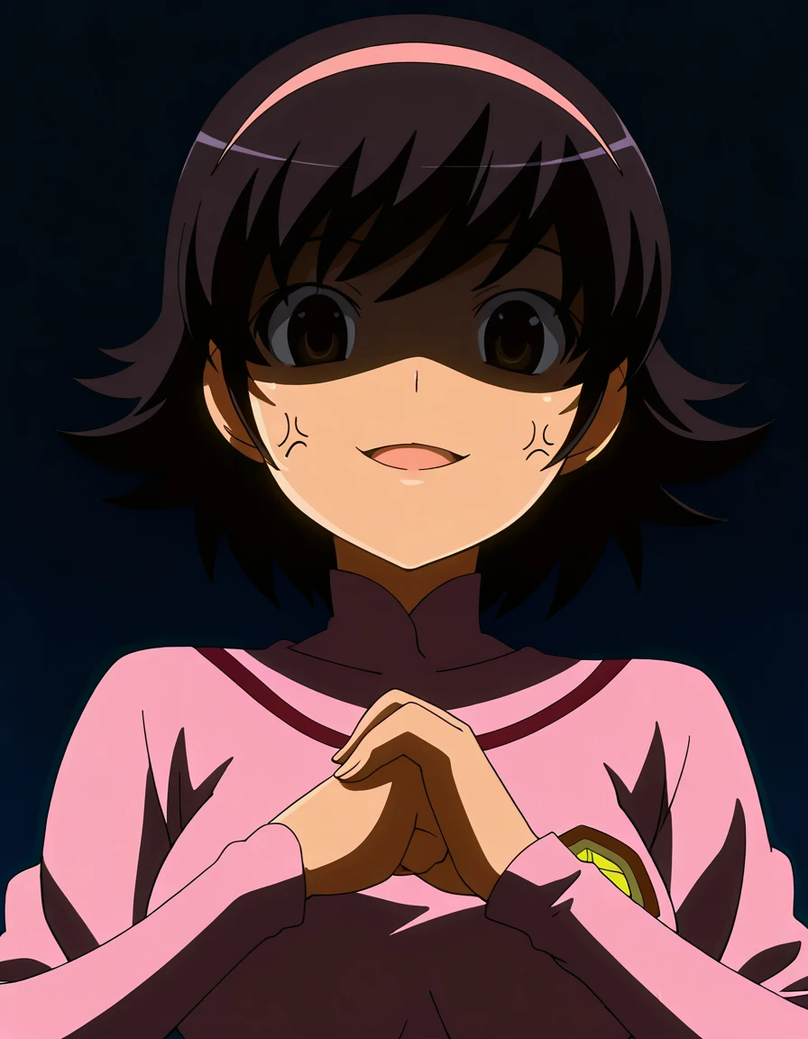 masterpiece, best quality, amazing quality,, <lora:ayumi-takahara-s1s2-illustriousxl-lora-nochekaiser:1>, ayumi takahara, takahara ayumi, short hair, black hair, brown eyes, hairband, mature female, medium breasts, anime screencap, <lora:cracking-knuckles-illustriousxl-lora-nochekaiser:1>, cracking knuckles, shaded face, open mouth, looking at viewer, looking down, fist in hand, own hands together, anger vein, false smile,,