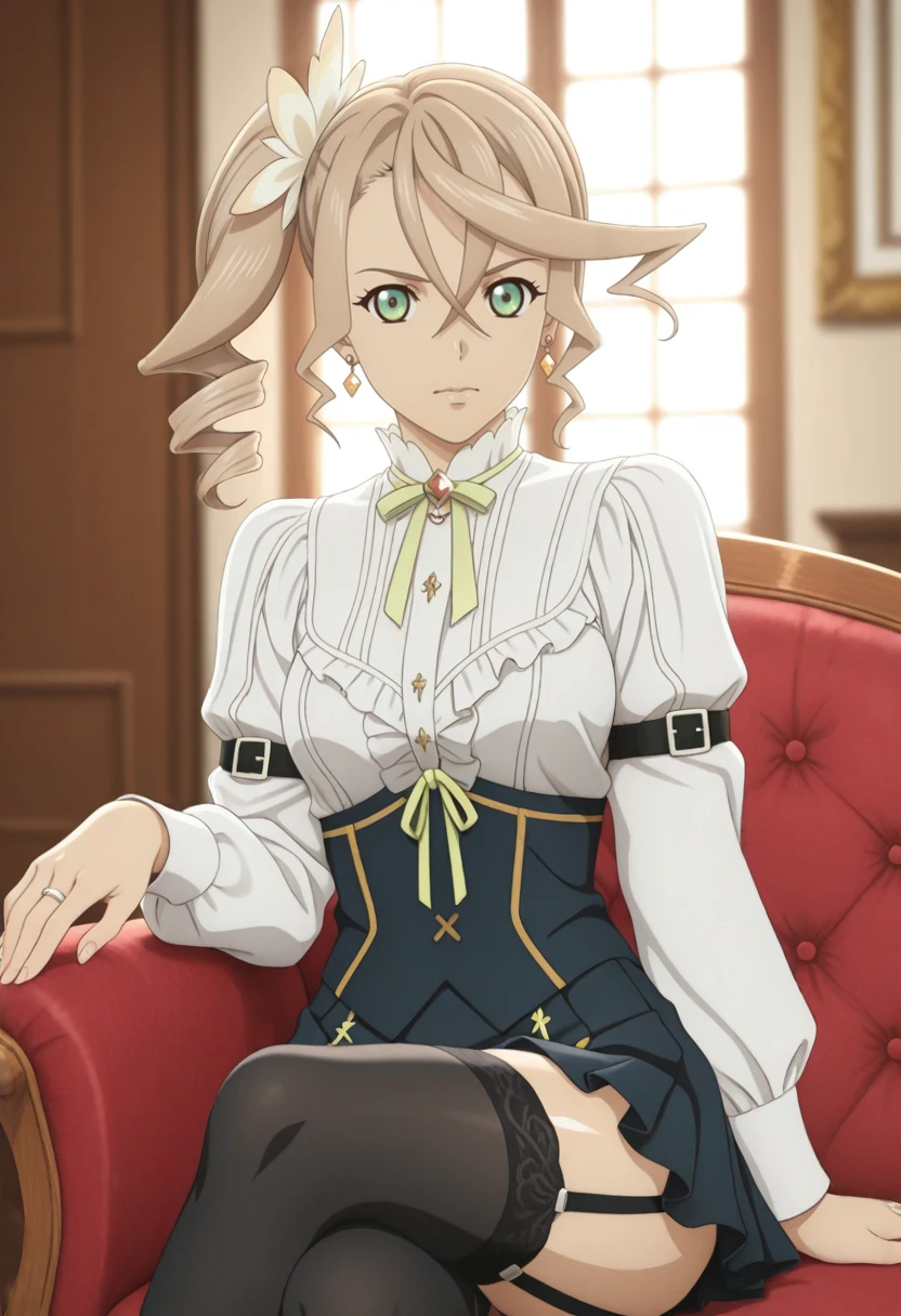 masterpiece, best quality, absurdres, highres, extremely high detail,
<lora:ILTOZAlisha:1.0>
TOZAlisha, 1girl, side ponytail, drill hair, brown hair, green eyes, looking at viewer, jewelry, black thighhighs, earrings, sitting, skirt, garter straps, white shirt, ring, crossed legs, long sleeves, frilled shirt, center frills, shiny skin, blurry background, indoors