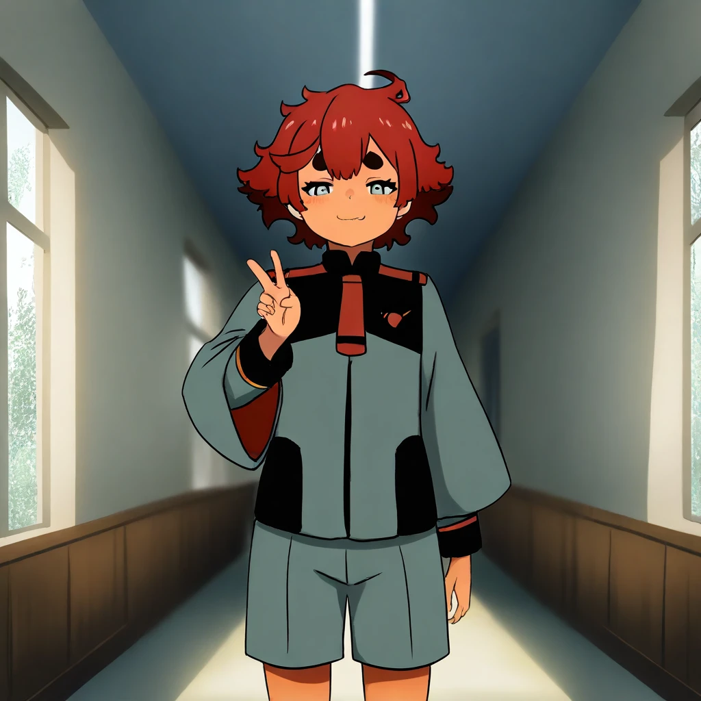 masterpiece, best quality, absurdres, 1girl, female focus, solo, msgwfmes, dark-skinned female, red hair, short hair, thick eyebrows, mismatched eyebrows, asticassia school uniform, smug, standing, hallway, looking at viewer, window, tree, V, indoors