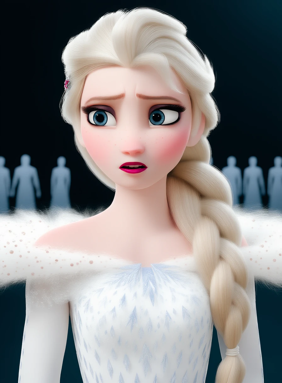 Elsa's White Dress \(outfit\), elsa \(frozen\),The image is a high-quality digital illustration depicting a young woman with a pale complexion and long, flowing, platinum blonde hair that cascades down her back. She has striking, almond-shaped, light blue eyes with long, dark eyelashes, and her expression is one of slight annoyance or displeasure, with a slight frown and furrowed brow. Her cheeks are slightly flushed, adding to her expressive face. She is dressed in a white, off-the-shoulder dress that features intricate, icy blue patterns resembling snowflakes or frost, which cover her chest and shoulders. The dress appears to be made of a soft, silky material that reflects the light, giving it a shimmering effect. The background is a gradient of cool blues and whites, suggesting a wintry or icy environment. In the background, there are several indistinct figures, also dressed in white and blue, which appear to be walking or standing, adding depth to the scene. The overall style of the illustration is detailed and realistic, with a focus on the textures and details of the character's hair, skin, and clothing.