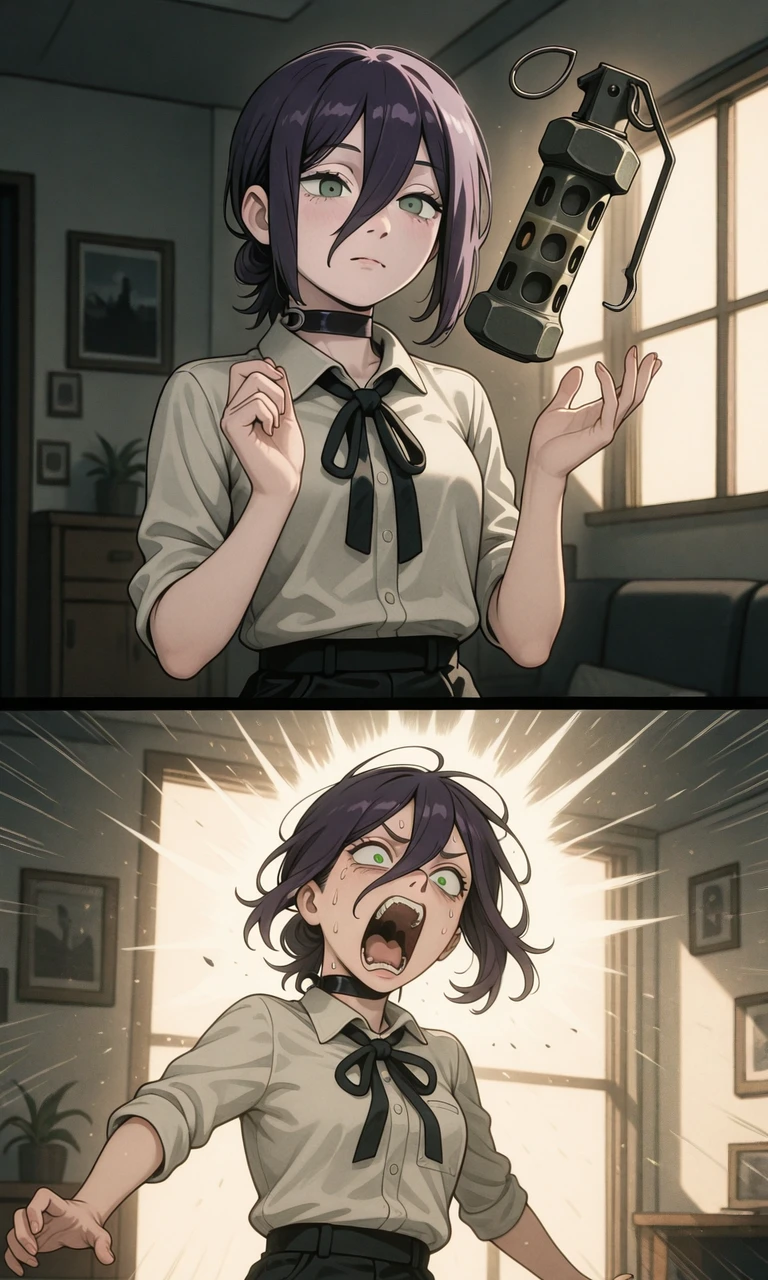 embedding:IllusP0s, 2koma, surprised, flashbang grenade, screaming, contrast lighting, reze_\(chainsaw_man\), indoors,<lora:flashbang grenade_illustrious.safetensors:1.0:1.0>