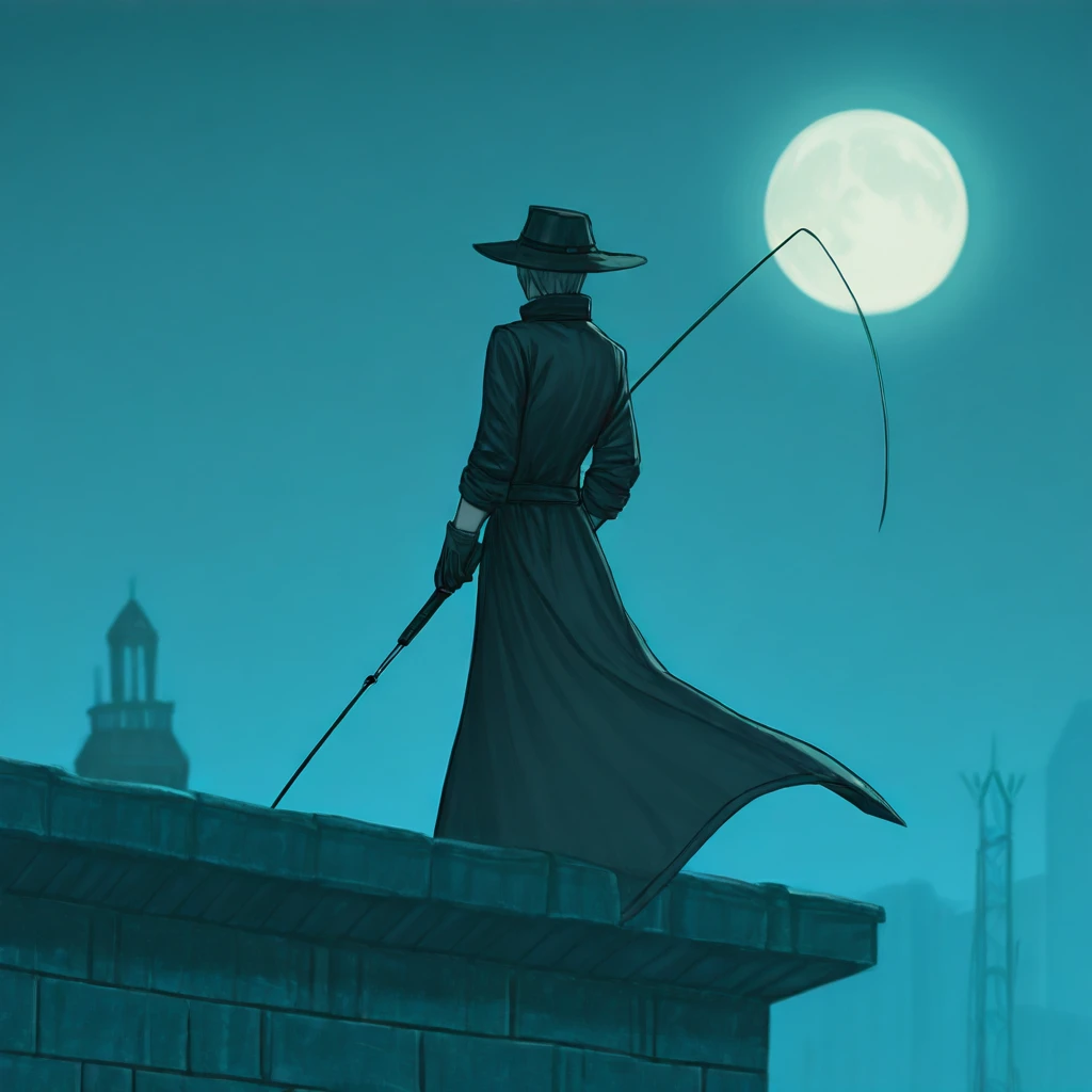 <lora:Modern_Dreamcore_Dark_FantasyIllustrious:1> Modern Dreamcore Dark Fantasy, The image shows a person sitting on a rooftop with a full moon in the background. The person is wearing a black hat and a long coat and is holding a fishing rod in their right hand. They are facing away from the camera and their left hand is resting on their hip. The rooftop is made of brick and there are several antennas attached to it. The city below is lit up with blue lights and the sky is a deep blue. The overall mood of the image is dark and mysterious., hat, moon, solo, gloves, rooftop, night, full moon, 1boy, holding, fishing rod
