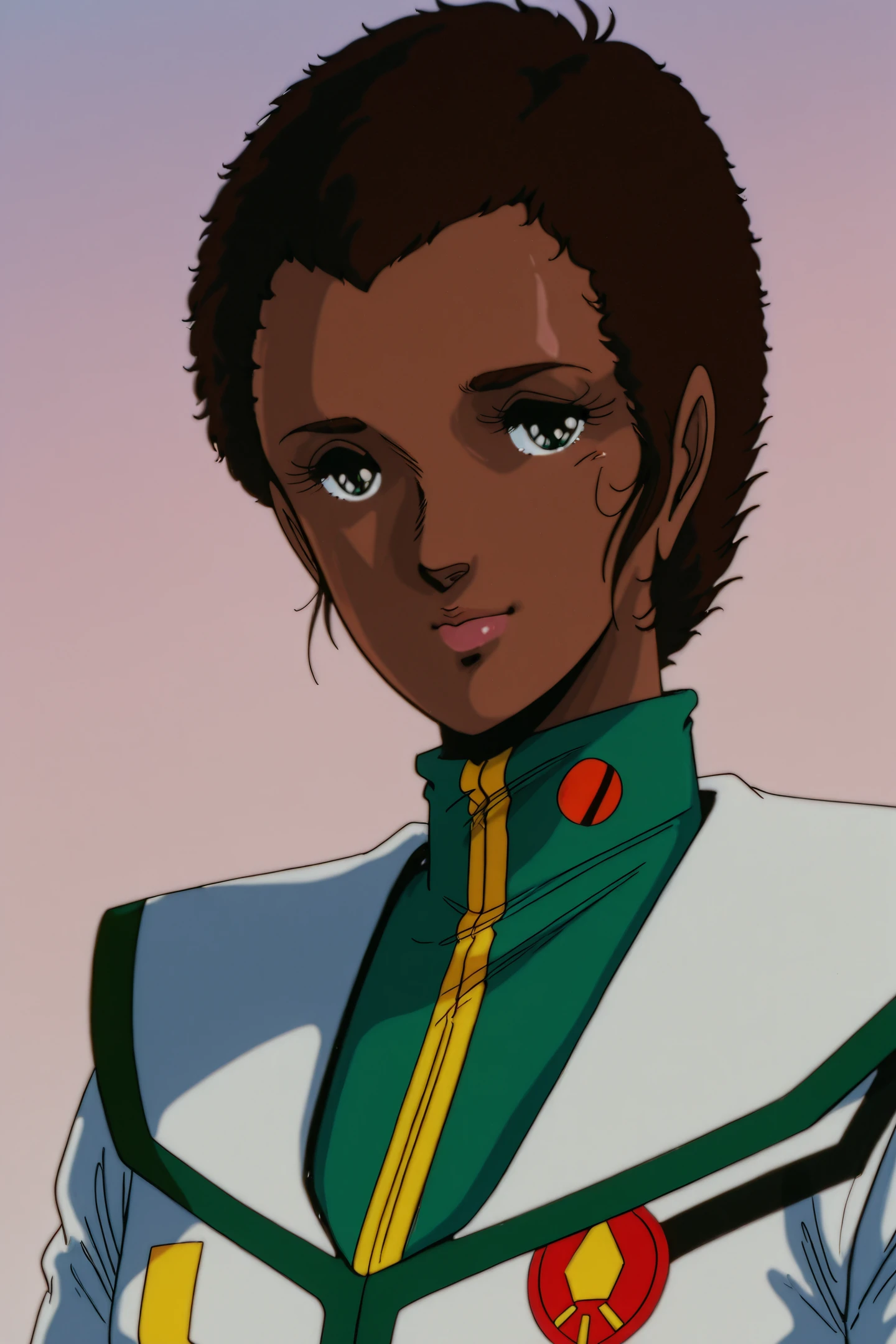 Anime Style,Claudia LaSalle,dark skin,solo,retro artstyle,dark-skinned female,1girl,military,looking at viewer,brown hair,1980s \(style\),green uniform,very short hair,buzz cut,forehead,
<lora:Haruhiko Mikimoto_illustriousXL_v2:1>,