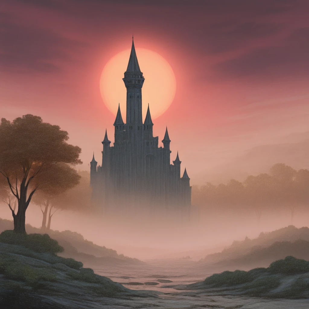 <lora:Modern_Dreamcore_Dark_FantasyIllustrious:1> Modern Dreamcore Dark Fantasy, The image is a digital illustration of a castle in the middle of a forest. The castle is made of stone and has multiple towers with pointed spires. The sky is a beautiful orange and pink color with the sun setting in the background. The trees surrounding the castle are tall and green and the ground is covered in a layer of fog. The overall mood of the image is peaceful and serene., scenery, no humans, tree, cloud, outdoors, sky, forest, nature, red sky, tower