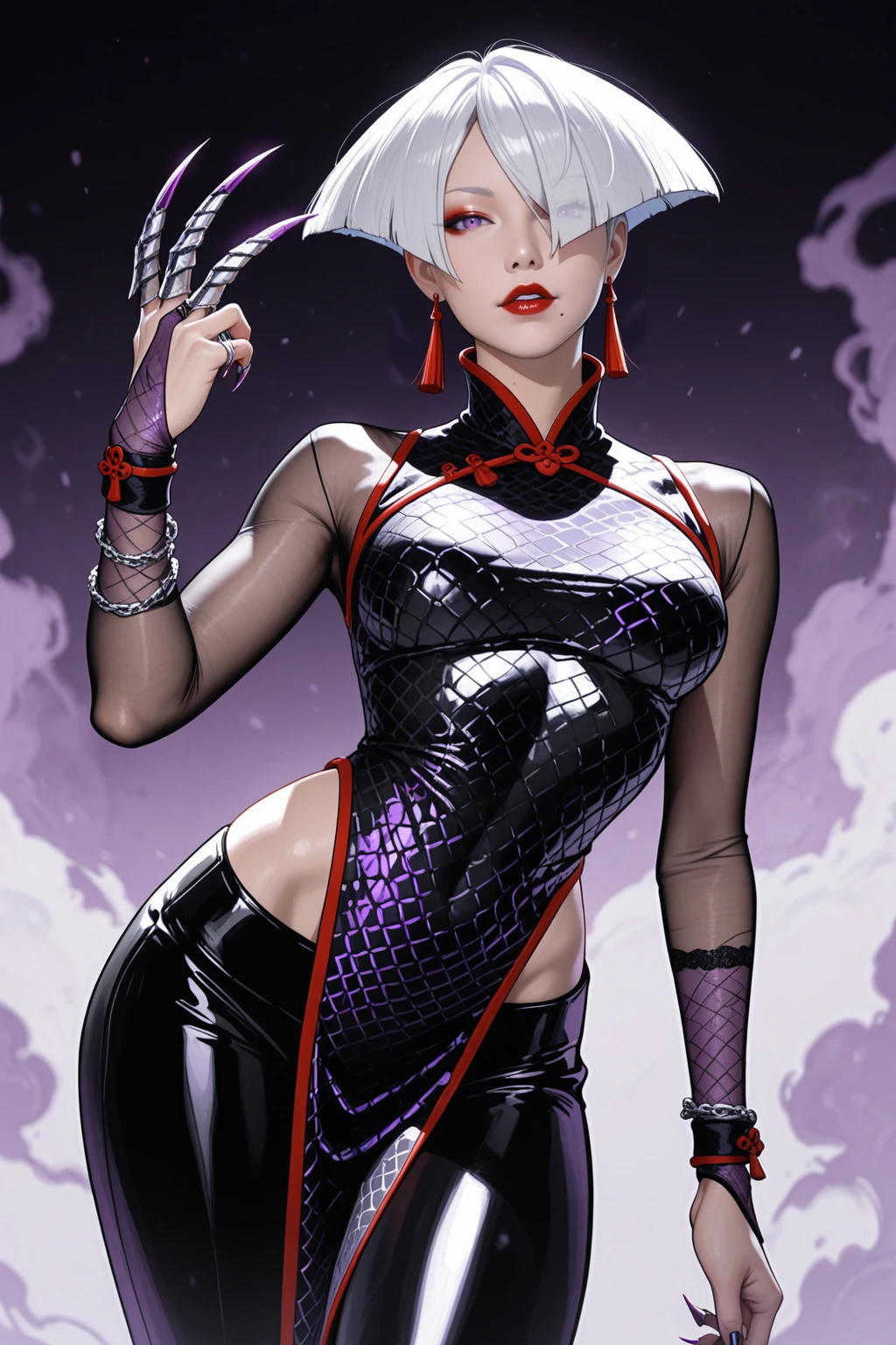 (masterpiece, best quality, high resolution),cowboy shot,solo, akims, 1girl, mole, claw \(weapon\), clothing cutout, dress, chinese clothes, bodysuit, pants, <lora:A.K.I_MS:1>