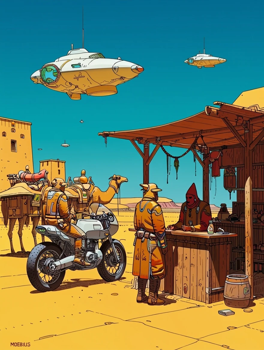 In style of Moebius. Fantasy future, desert trading post. Flying bikes parked next to camels. 2 people dressed in strange clothing arguing at a wooden booth.
