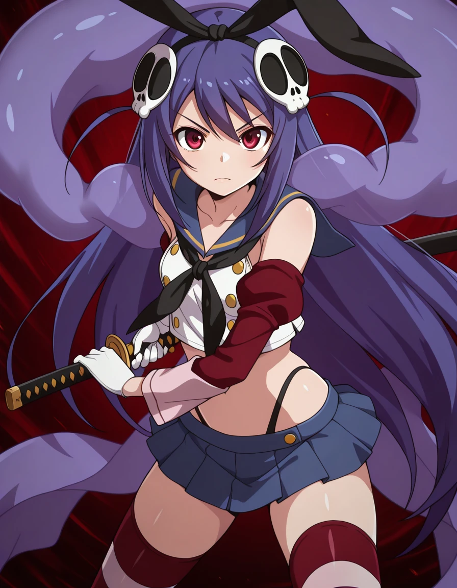 masterpiece, best quality, amazing quality,, <lora:haqua-du-lot-herminium-s2-illustriousxl-lora-nochekaiser:1>, haqua du lot herminium, haqua d'rot herminium, long hair, hair ornament, purple hair, skull hair ornament, red eyes, mature female, small breasts, anime screencap, <lora:shimakaze-cosplay-illustriousxl-lora-nochekaiser:1>, shimakaze cosplay, shimakaze (cosplay), highleg panties, black neckerchief, microskirt, striped thighhighs, highleg, black panties, elbow gloves, thong, blue sailor collar, white gloves, crop top, sailor collar, blue skirt, black hairband, bunny ears,, <lora:battoujutsu-stance-illustriousxl-lora-nochekaiser:1>, battoujutsu stance, looking at viewer, holding, weapon, sword, holding weapon, holding sword, standing, katana, sheath, sheathed, fighting stance, ready to draw,