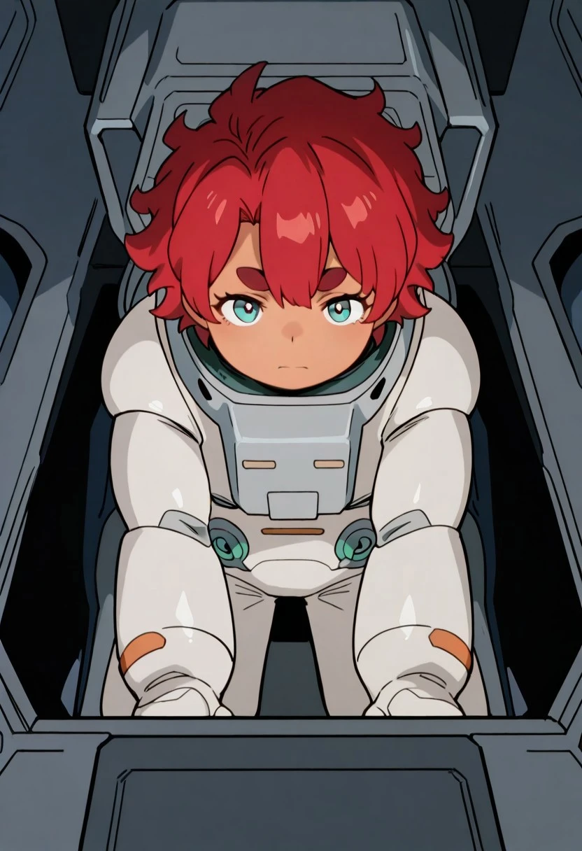 official art, masterpiece, best quality, absurdres, msgwfmes, dark-skinned female, red hair, short hair, thick eyebrows, mismatched eyebrows, 1girl, female focus, solo, msgwfmes, dark-skinned female, red hair, short hair, thick eyebrows, mismatched eyebrows, spacesuit, mittens, sitting, leaning forward, serious expression, cockpit, straight-on