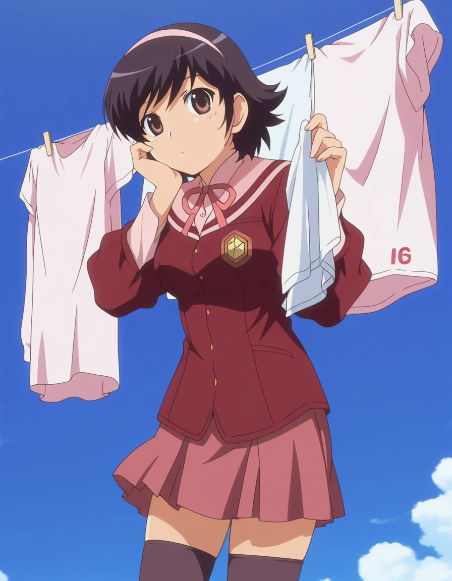 masterpiece, best quality, amazing quality,, <lora:ayumi-takahara-s1s2-illustriousxl-lora-nochekaiser:1>, ayumi takahara, takahara ayumi, short hair, black hair, brown eyes, hairband, mature female, medium breasts, anime screencap, skirt, thighhighs, zettai ryouiki, school uniform, shirt, red shirt, pink skirt, long sleeves,, head rest, laundry day, clothesline, drying clothes, domestic life, fresh air, blue sky, cowboy shot, solo, looking at viewer