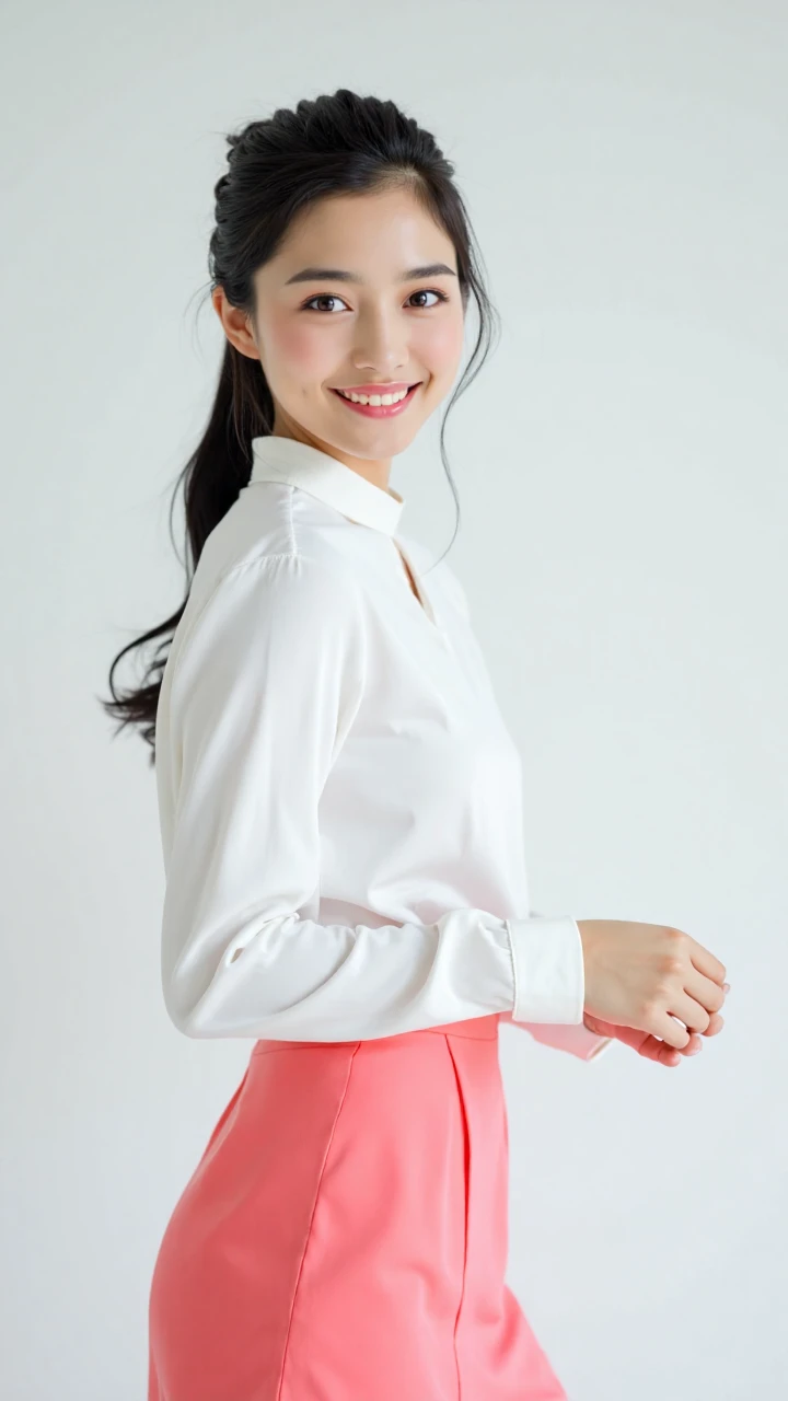 Half Thai and Japanese girl 18 year old , Nisit outfit , white short sleeve slim fit shirt , big silver buttons , ฺฺBlack Stretch Spandex Bodycon Mini Pencil Skirt Slim Tube Tight Hip Mini Skirt , hyper realistic , Long blonde hair blue eye , focus on face , medium shot , her back initially turned to the camera. She's twisting her body to look over her shoulder, facing the camera. Her head is tilted slightly, with a warm, sweet smile on her face. Her eyes are engaging directly with the viewer, creating a connection. Her hair falls naturally, perhaps slightly tousled by the turning motion. The pose captures a spontaneous, flirtatious moment.