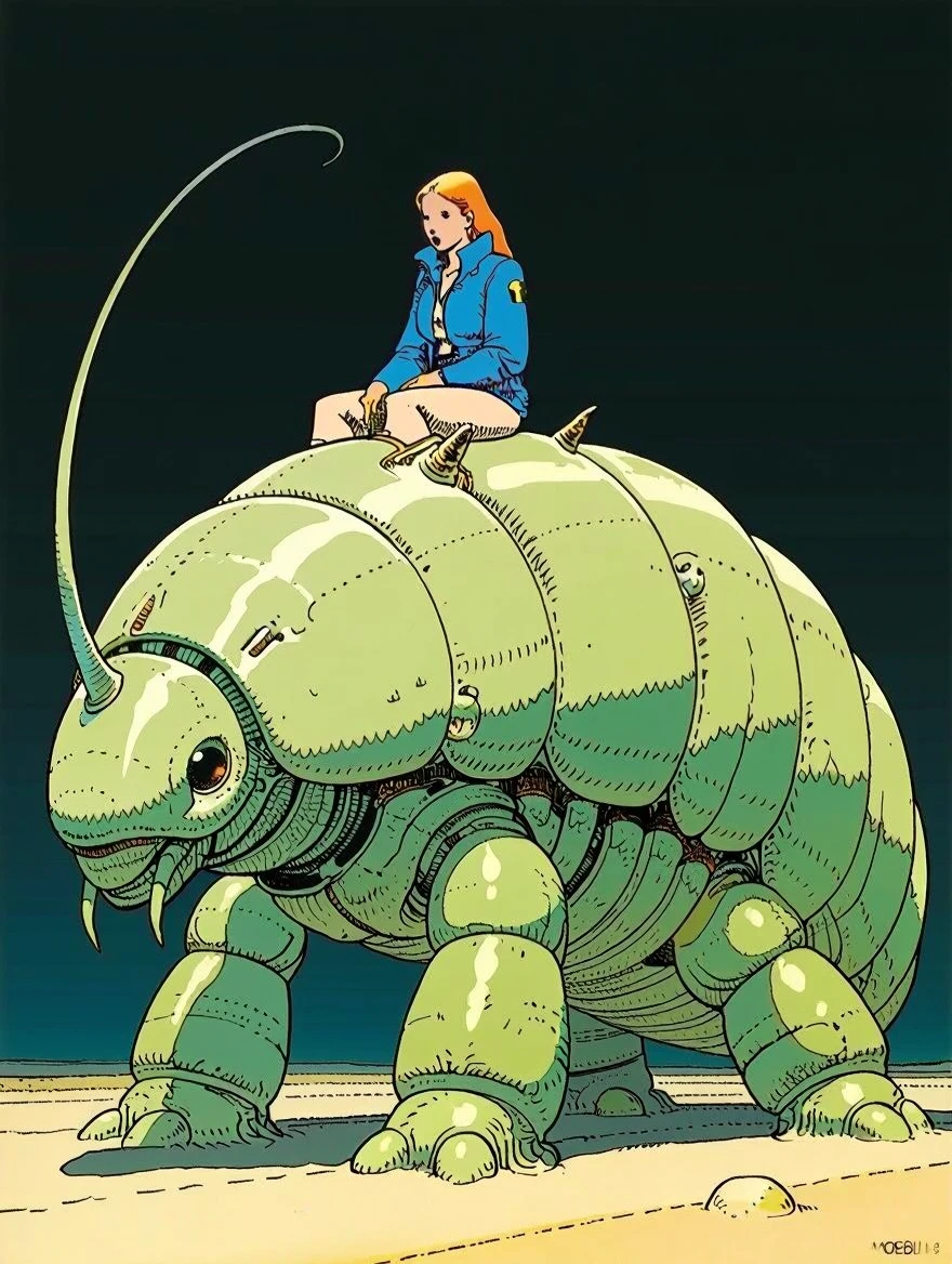 In style of Moebius. Illustration of a giant catepillar like creature. The creature has a hard exoskeleton. There is a woman wering a blue jacket and beige trousers. She is riding on top of the creature.