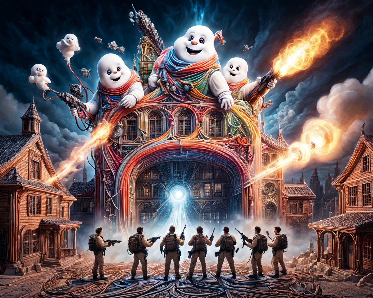 overview of a mad-cable city, parody of ghost busters scene, four men wearing mad-cable holding ray-guns shooting their rays streams together forming one ray at a colossal state puff marshmallow man on a gothic roof, art of 8weod