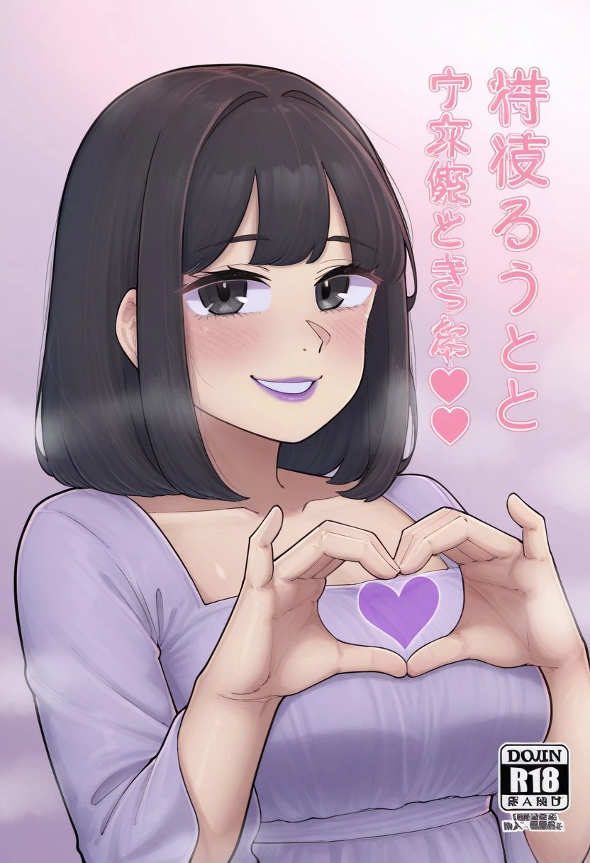hbte, 1girl, solo, medium build, medium hair, good lighting, sfw, safe for work, covered skin, flowy dress, black eyes, purple lipgloss, smiling, portrait, upper body, doujin cover, heart hands, japanese text, looking at viewer, hbte