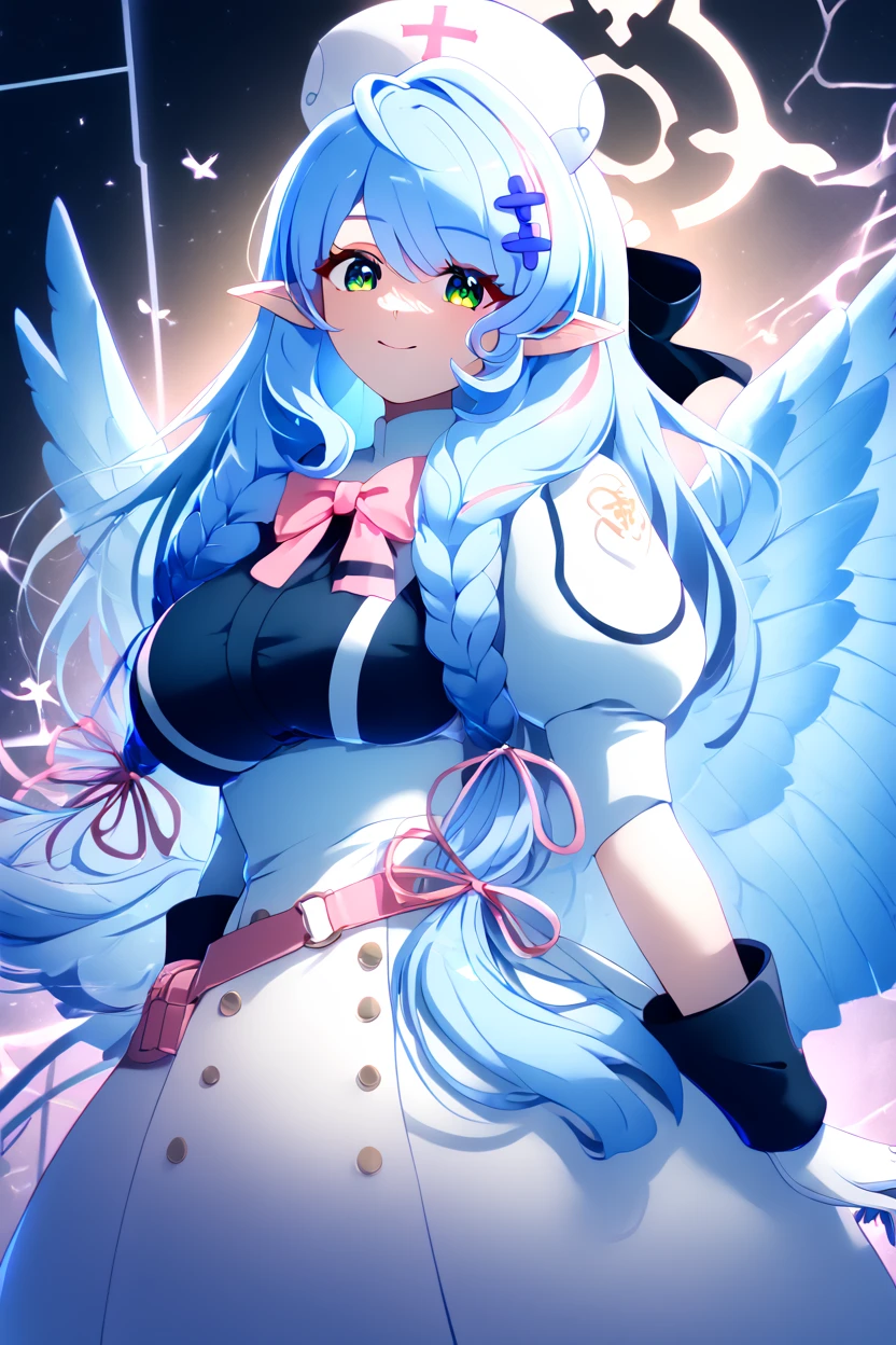 Absurdres,best quality,insanely detailed,1 cute lovely girl,cute smile,peace,short drilled twin tail,aqua hair,pink eyes,(round glasses:1.2),(pink nurse costume:1.2),thighs ,striped over-knee high,cleavage,(sagging boobs:1.2),syringe, medical record,in hospital,(from below:1.2),sparkly eyes,beautiful and detailed eyes,gleaming pale skin,cute pose,professional lighting,cinematic angel,brilliant theme,hyper realistic, perfect anatomy, perfect 5 fingers