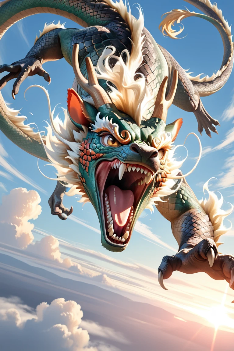 vibrant-semirealistic official style focus, animal focus, chinese dragon, angry, open mouth, flying, blurry outdoors cloud, sky, dynamic angle, dynamic action, dutch angle, masterpiece, best quality, amazing quality, very aesthetic, absurdres, newest, very awa, visual effects