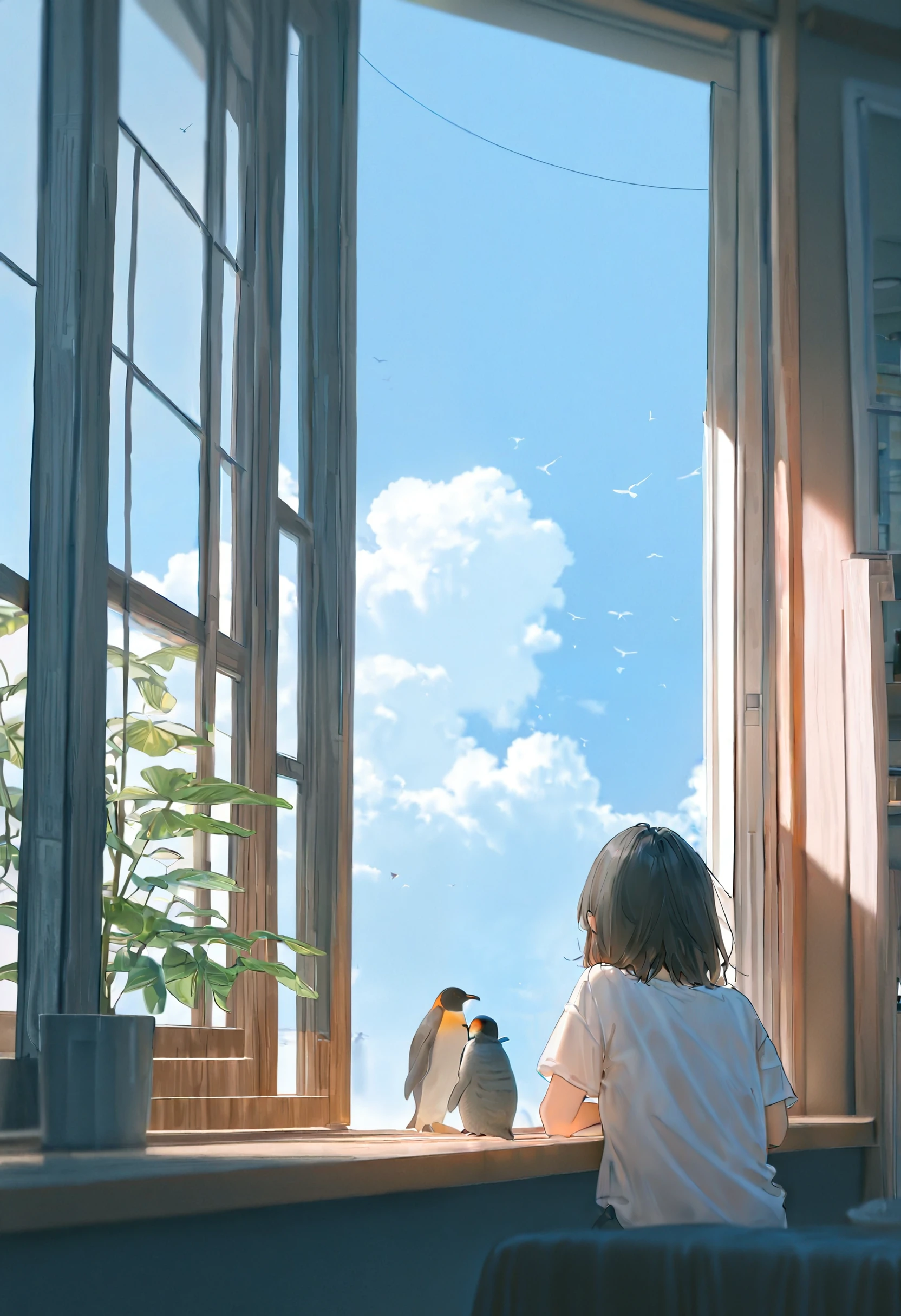 <lora:bmF0c3Vfbm9raW1p-illustriousXL_v01_V2-CAME>, bmF0c, bird, penguin, window, 1girl, sky, shirt, blue sky, windowsill, facing away, looking outside, sitting, black hair, from behind, open window, day, white shirt, solo, short sleeves, short hair, medium hair, plant, cloud, animal, t-shirt, indoors