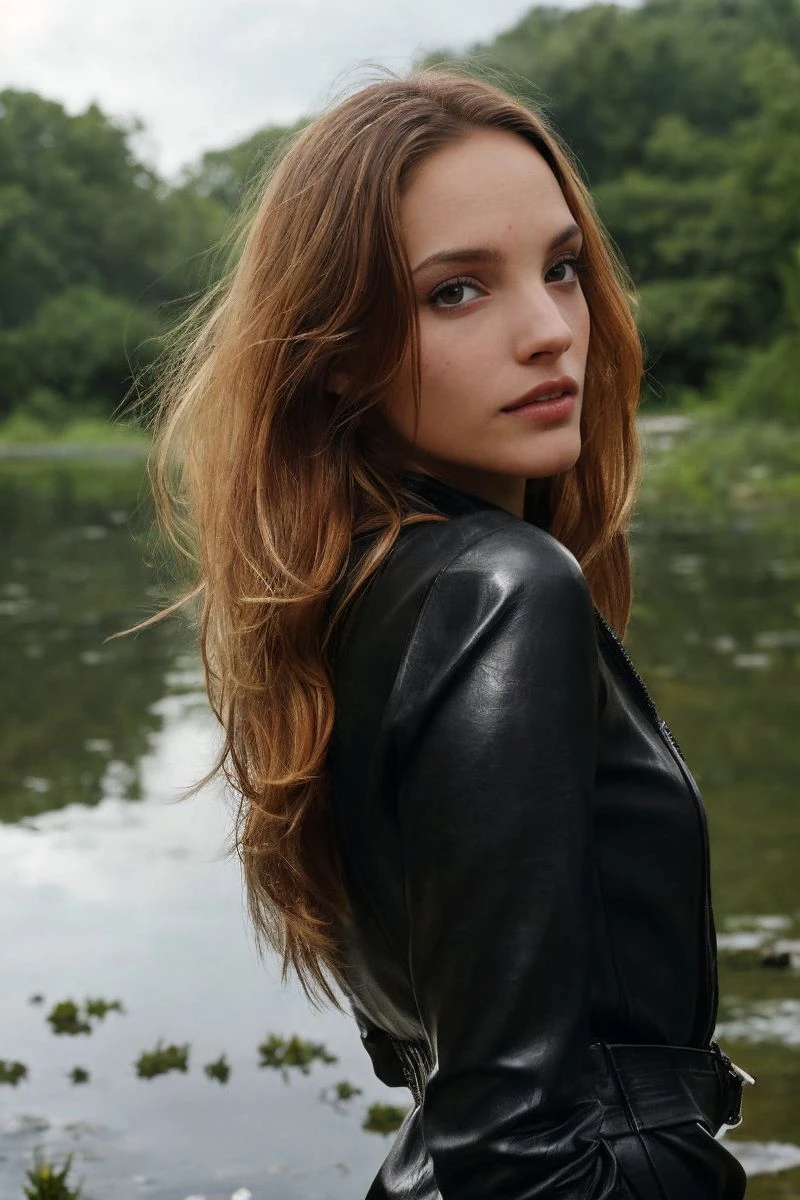 photo of S769_KiraW,a stunning woman,in the (wilderness),wearing a (leather jumpsuit),(wet hair),(thunderstorm),(RAW photo, best quality, 50mm, depth of field, ultra high res, intricate, photorealistic, cinematic-shot, masterpiece, ultra-detailed),