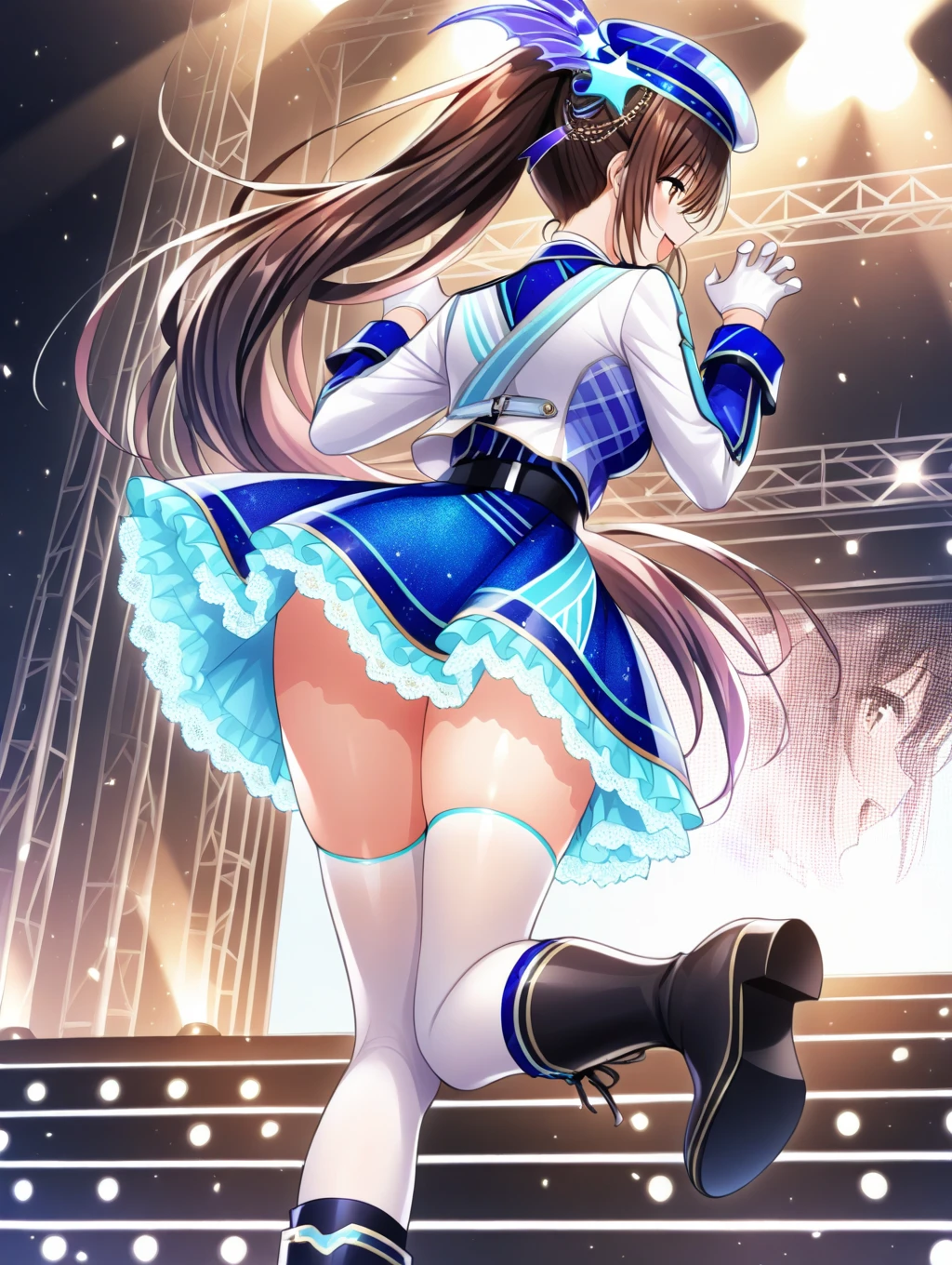 masterpiece, best quality, ultra detailed, 1girl, cute, microphone, realistic, underwear, (panties:1.5), Idol, standing, looking at viewer, (looking back:1.3), ( from behind:1.4), white tanktop,on stage, indoor, in public, (flat chest:1.3), straight hair, (two side up:1.2), blue eyes, smile, solo, Idol dress, holding microphone, upskirt, cowboy shot