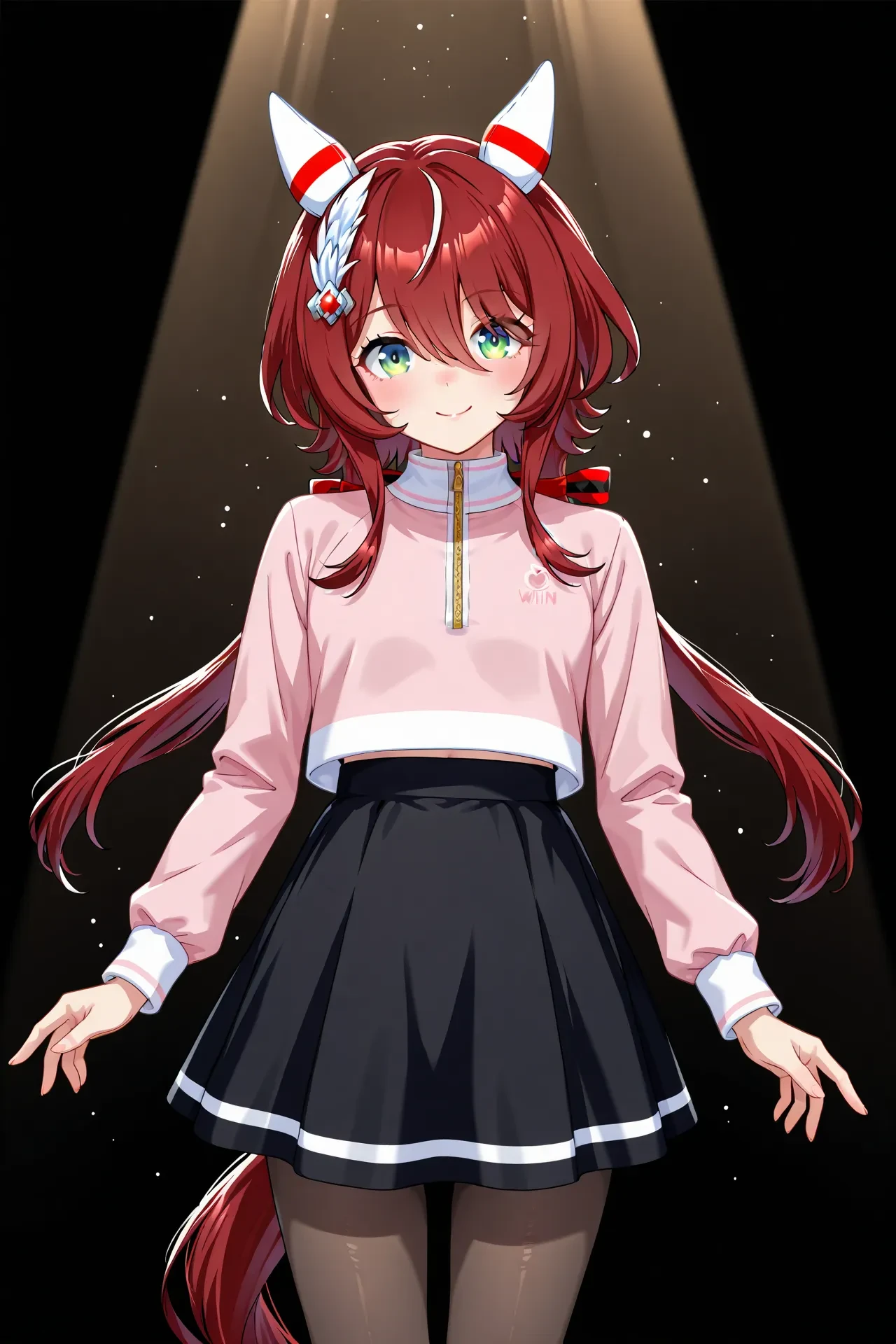 win variation \(umamusume\),
horse ears,horse girl,green eyes,long hair,hair between eyes,streaked hair,multicolored hair,white hair,horse tail,red hair,hair ornament,feather hair ornament,ear covers,
pink shirt,long sleeves,shirt,zipper,zipper pull tab,skirt,black skirt,white line skiet,pantyhose,<lora:win_variation:0.8>,
(cowboy shot:1.3),looking at viewer,spotlight,smile,pose,