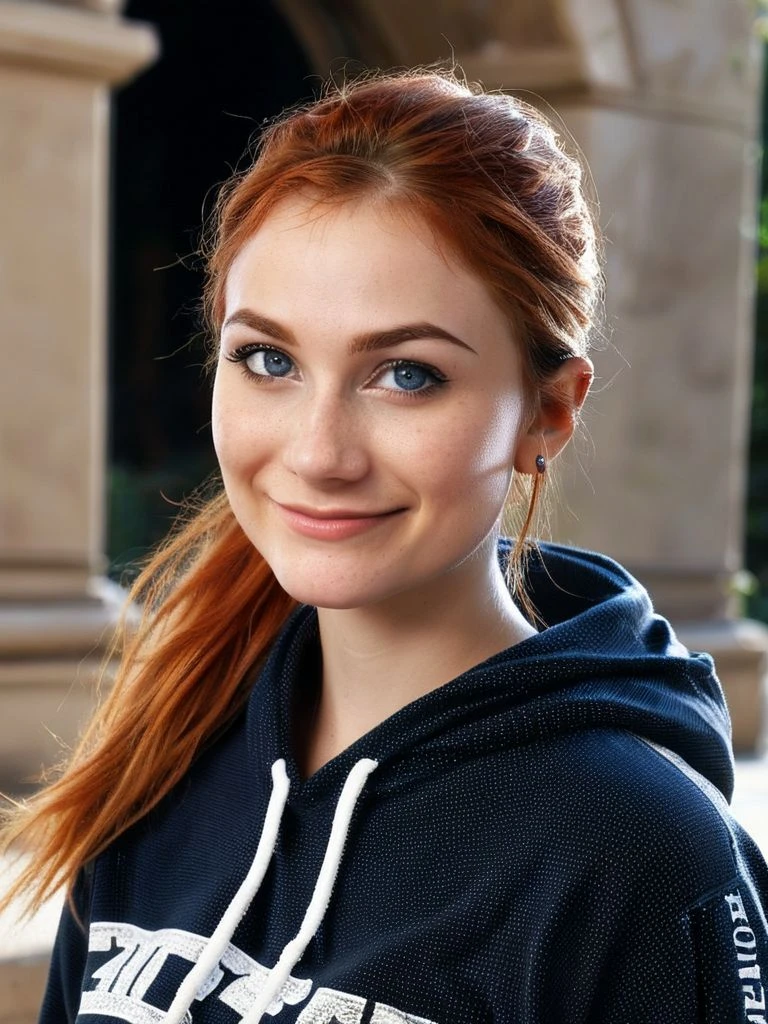 Uhd, lut, 3/4 face portrait of a realistic woman, Vicky Alissa Fox, 30 years old, 1/4 norwegian, 1/4 german, 2/4 french, flame red hair, blonde hair points, freckles, one blue eye, one brown eye, squared head, full body, small size, tall, slim, thin, dressed in orange sweater with a fox on it, with a black skirt, smiling, smirking, at the office, bright lights