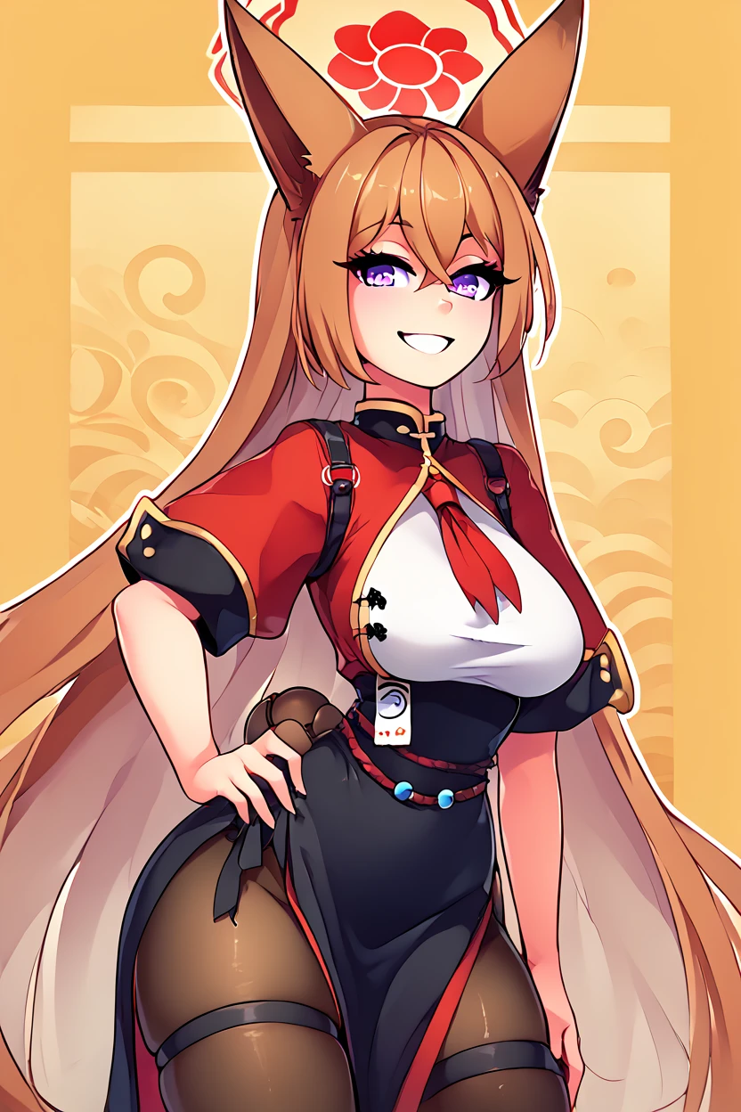 score_9, score_8_up, score_8, medium breasts, (curvy), cute, eyelashes, BREAK, , ,, zzRumi, brown hair, animal ears, long hair, fox ears, halo, hair between eyes, large breasts, purple eyes, crossed bangs, red halo, very long hair 1girl, black skirt, brown pantyhose, solo, shirt, side slit, hand on own hip, thigh strap, black pantyhose, gourd, rope belt, short sleeves, thighs ,<lora:Rumi_Bluearchive_PDXL:1.0>, ,,, ,,,, BREAK, smile, looking at viewer, ,,, abstract background, white outline, cowboy shot, ,,, embedding:zPDXL, Expressiveh, ,,, <lora:theOtherHalfPDXL:0.8>, <lora:CatalystStylePDXL:0.6>, <lora:SDXLFaeTastic2400:0.5>, <lora:Expressive_H-000001:0.4>,