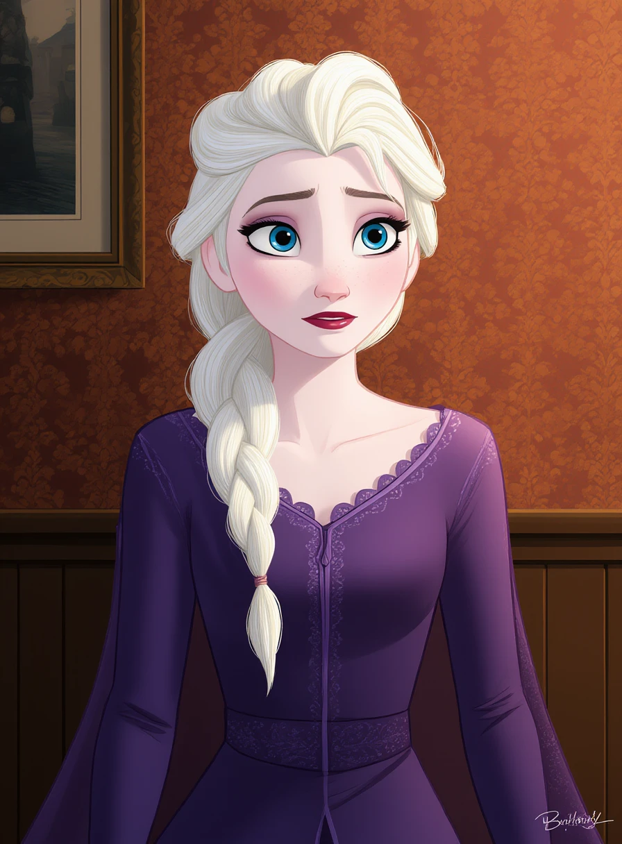 Elsa's Purple Nightgown \(outfit\), elsa \(frozen\),This image is a digital illustration of Elsa, a character from the Disney animated movie "Frozen." Elsa is depicted in a three-quarter view from the side, facing slightly to the left. She has pale, icy-blue skin and long, platinum-blonde hair styled in a thick braid that drapes over her left shoulder. Her eyes are large and expressive, with a deep blue hue, and she wears a subtle, sad expression with her lips slightly parted.
Elsa is dressed in a deep purple, long-sleeved dress with a high collar and intricate, scalloped lace detailing at the neckline and sleeves. The dress has a slightly form-fitting bodice and a flowing skirt that drapes elegantly around her. The background features a warm, red and gold patterned wallpaper, with a darker red border visible at the bottom. A framed picture or artwork is faintly visible on the left side of the image, adding to the cozy, intimate atmosphere. The lighting is soft and warm, casting gentle shadows that enhance the texture and volume of Elsa's dress and hair. The overall mood of the illustration is somber and introspective, capturing a moment of contemplation for Elsa.