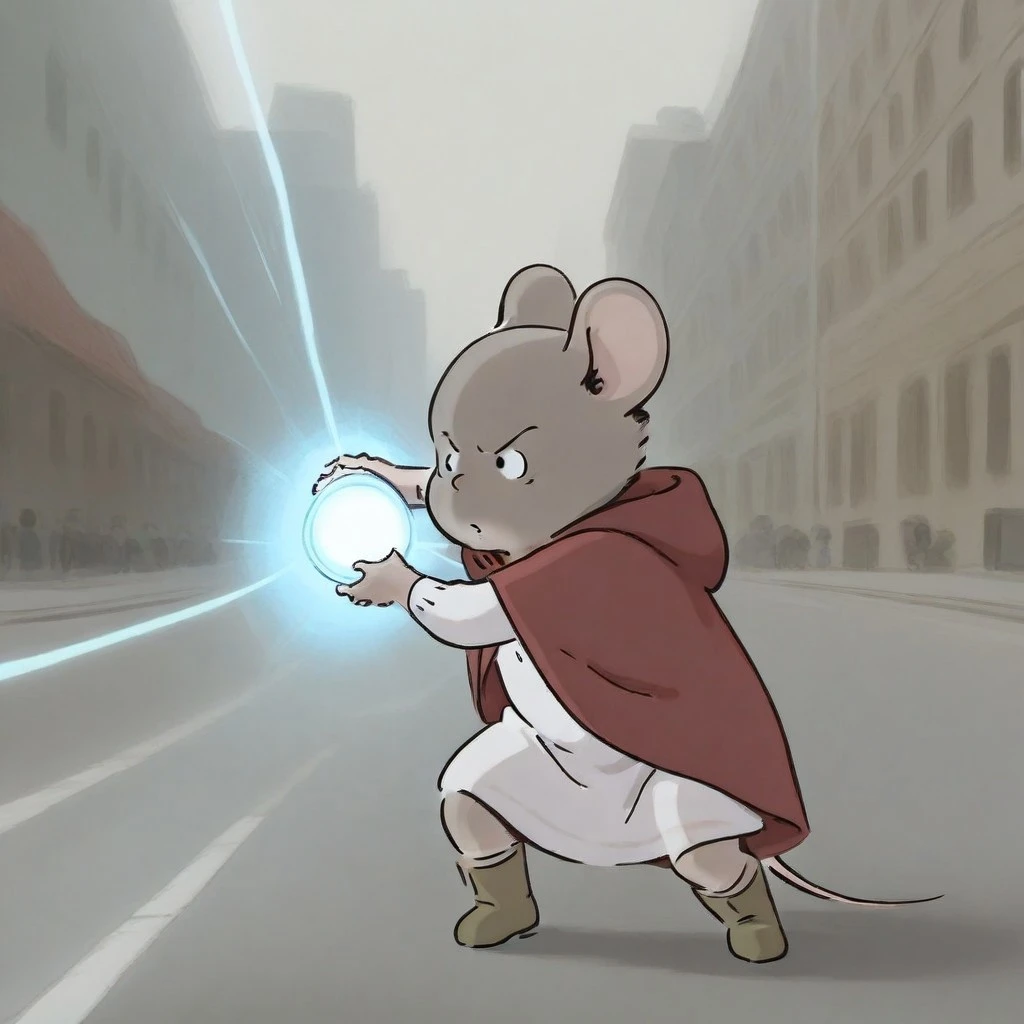 outdoor, city, tiny girl, Celestineeac,mouse girl, non human, furry,1girl, solo, anthro, furry, female, furry female,animal nose, mouse ears,tail,bag,round eyes, black eyes,dot eyes,white dress under cloak,red hooded cloak, hood down, white boots, full body, daylight ,angry, Kamehameha-Charge, bent elbows,arms on waist level ,hands cupped together, holding energy orb,