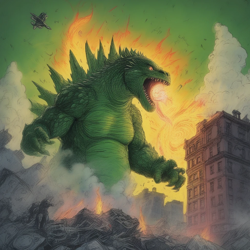 Amidst the chaotic backdrop of a metropolitan skyline engulfed in flames and debris, Godzilla, the towering King of Monsters, clashes with an otherworldly foe a colossal hippie sloth with his fanny pack that has his smoking pipe sticking out the side and a glowing rainbow ray firing from his mouth at Godzilla's foot . Their titanic battle rips through buildings, shatters concrete, and sends columns of steam and fire into the stormy night. The two colossal beasts are illuminated by bolts of lightning and their own elemental breaths - one a vivid green depiction of Godzilla who looks shocked that the hippie sloth has shot him in the foot. Capture this surreal scene from an overhead perspective with camera lens EE 70mm for a grand cinematic view. Illuminate the image using studio lighting in combination with a nostalgic filter to enhance drama. Render in high resolution with detailed textures, bringing out the ferocity and energy of this cataclysmic encounter between Godzilla and his otherworldly adversary.