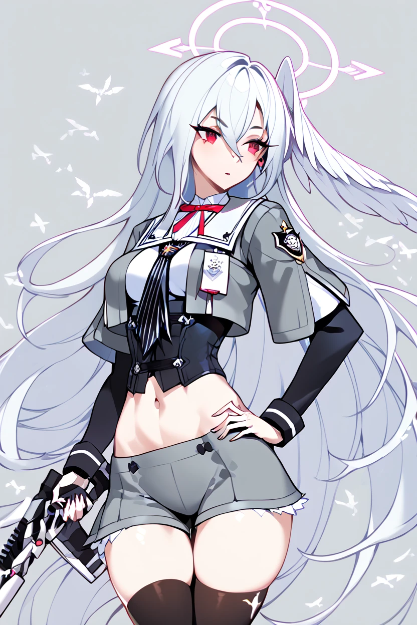 Girl with long hair with cat ears、Navel Ejection、a miniskirt、Gray hair、Background white